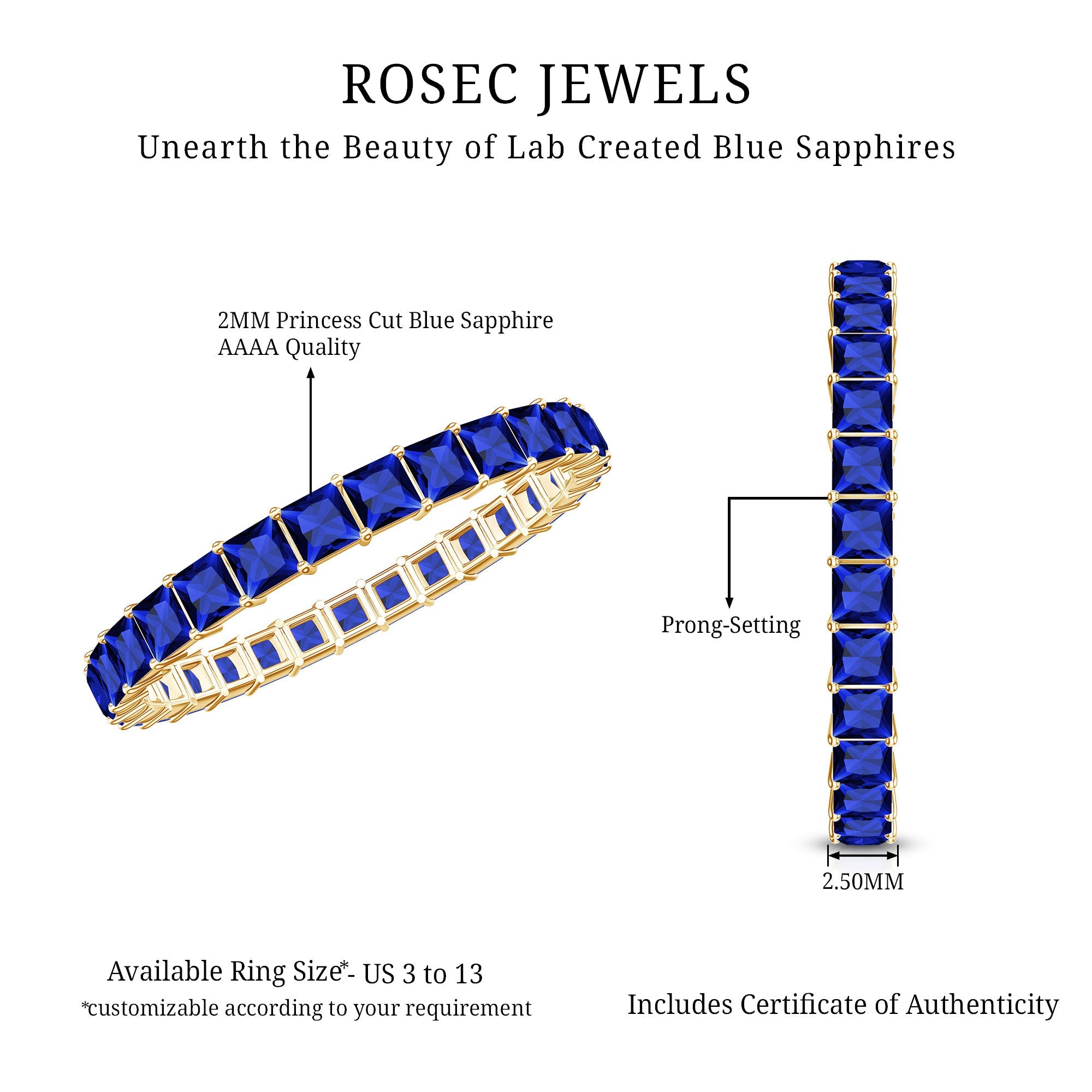 Princess Cut Certified Lab Created Blue Sapphire Full Eternity Ring