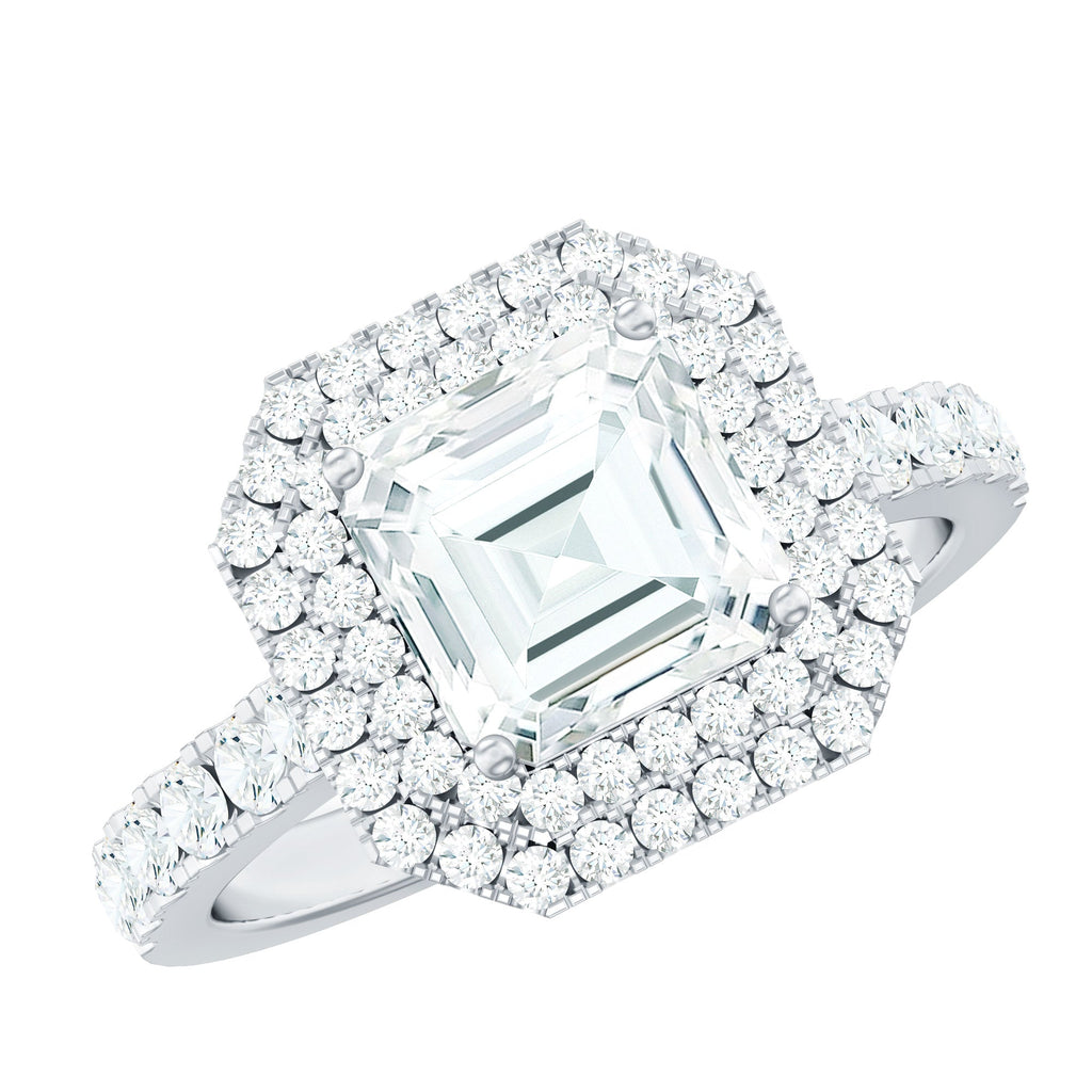 Certified Asscher Cut Moissanite Double Halo Engagement Ring