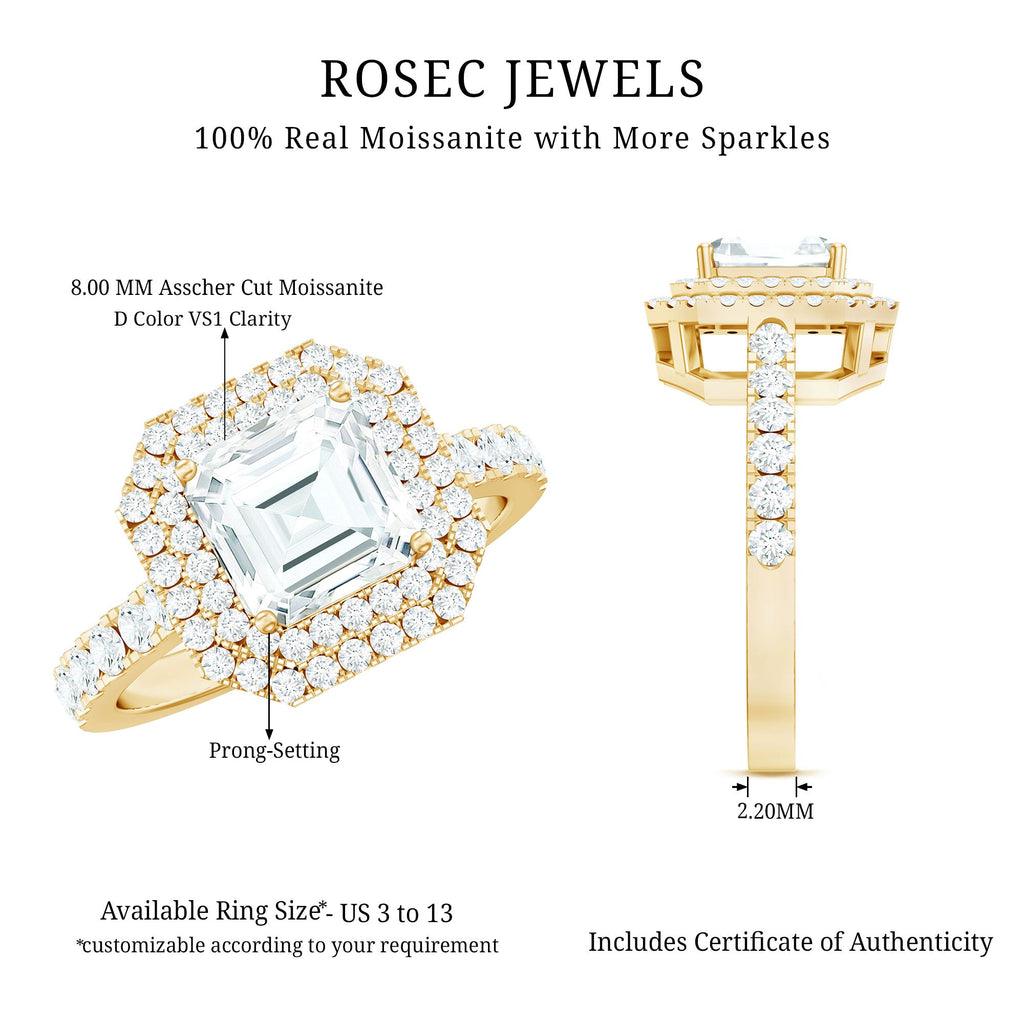 Certified Asscher Cut Moissanite Double Halo Engagement Ring