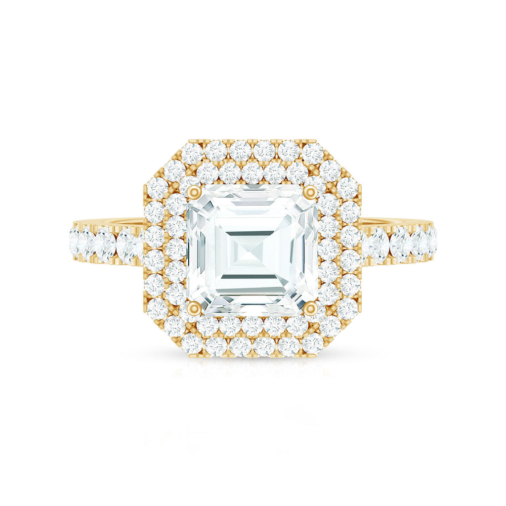Certified Asscher Cut Moissanite Double Halo Engagement Ring