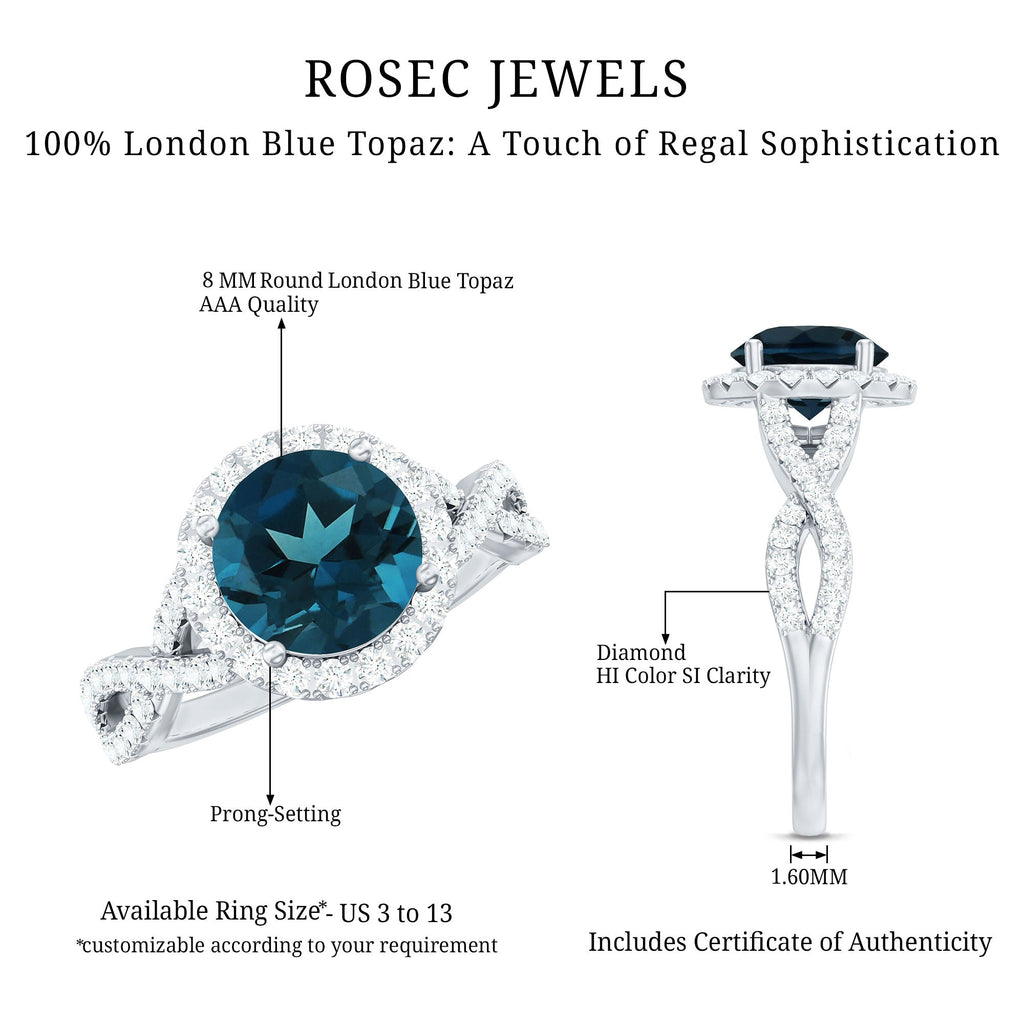 2 Carat Round London Blue Topaz Crossover Engagement Ring with Diamond Halo
