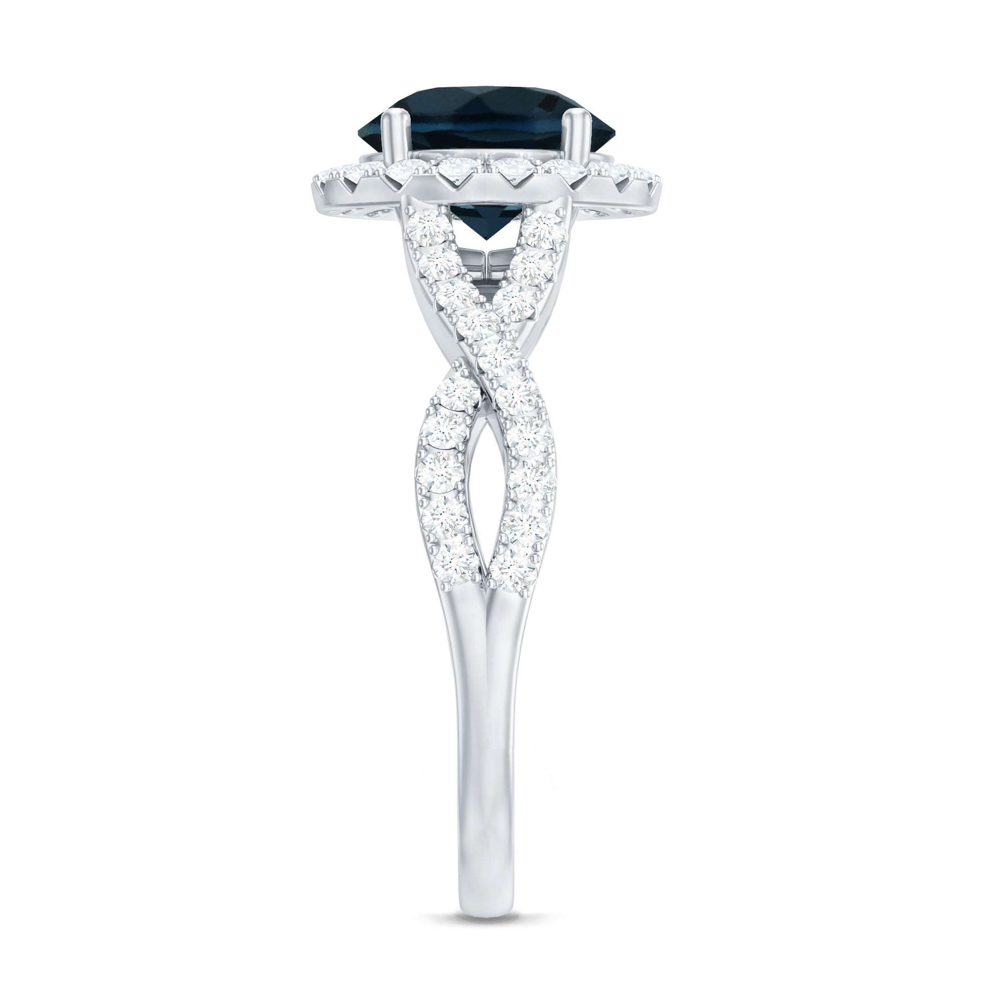 2 Carat Round London Blue Topaz Crossover Engagement Ring with Diamond Halo