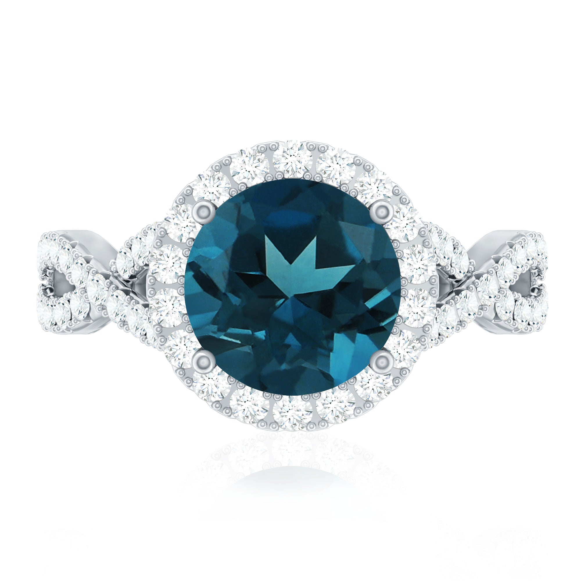 2 Carat Round London Blue Topaz Crossover Engagement Ring with Diamond Halo