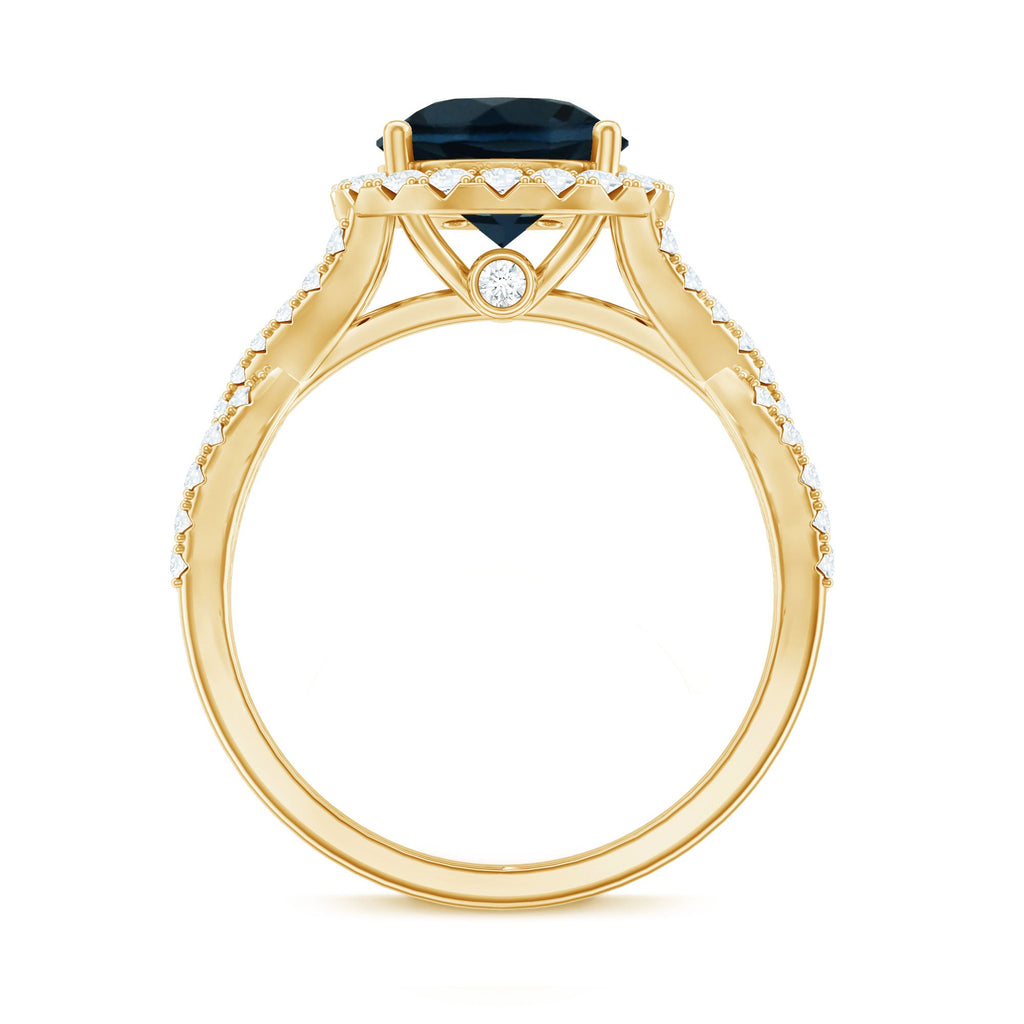 2 Carat Round London Blue Topaz Crossover Engagement Ring with Diamond Halo