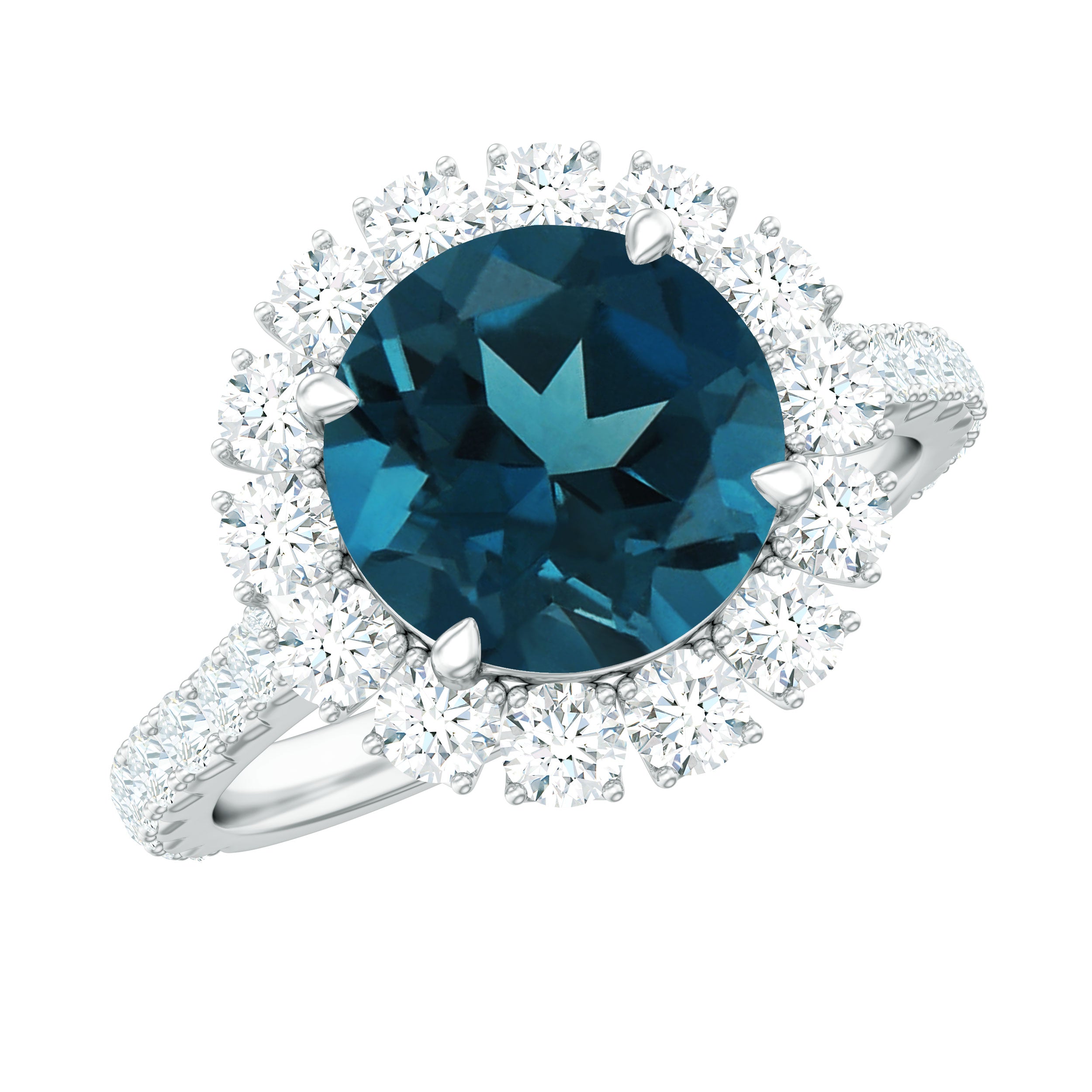2 Carat Round London Blue Topaz Halo Engagement Ring with Moissanite