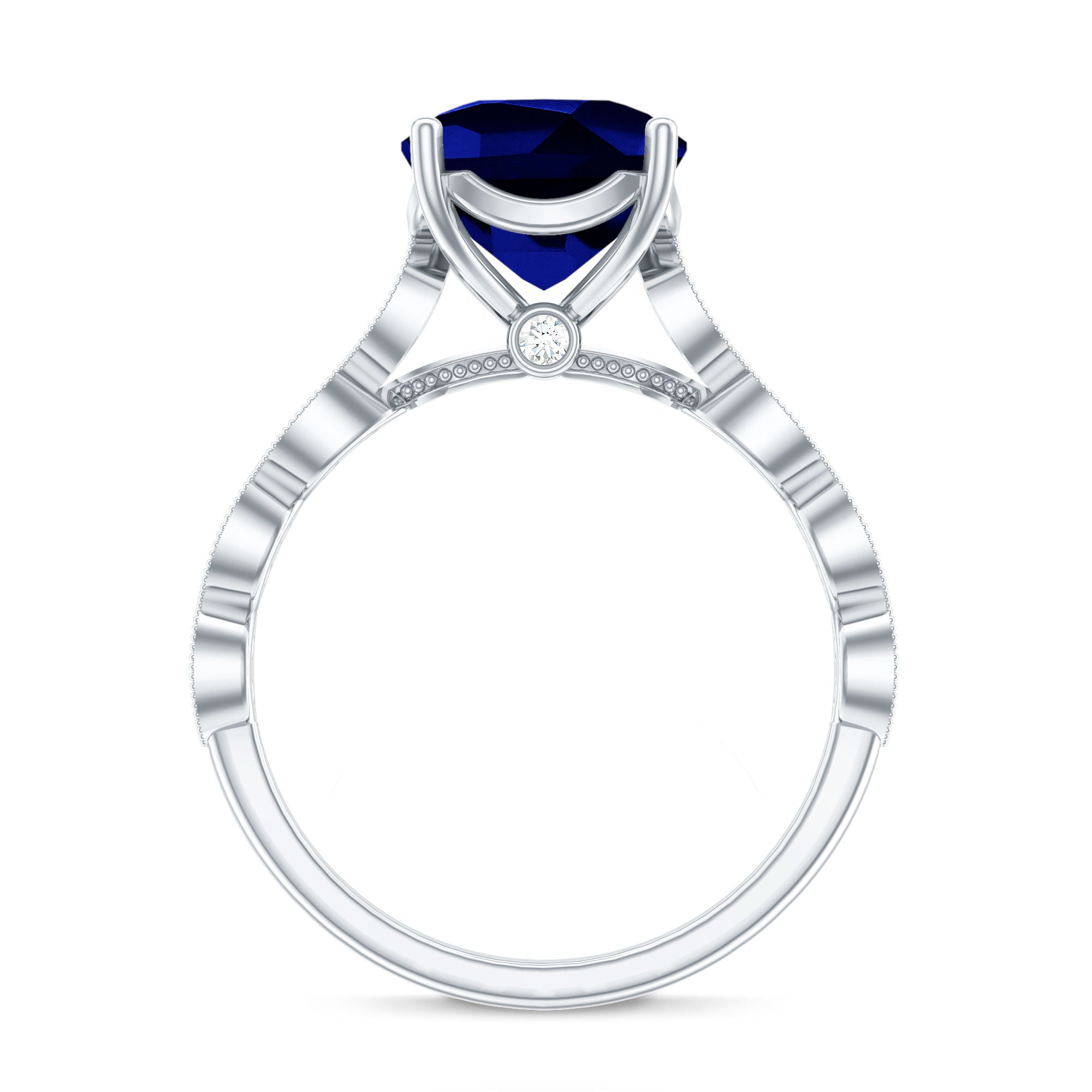 Certified 2.75 Carat Lab Grown Blue Sapphire Cushion Cut Engagement Ring with Diamond