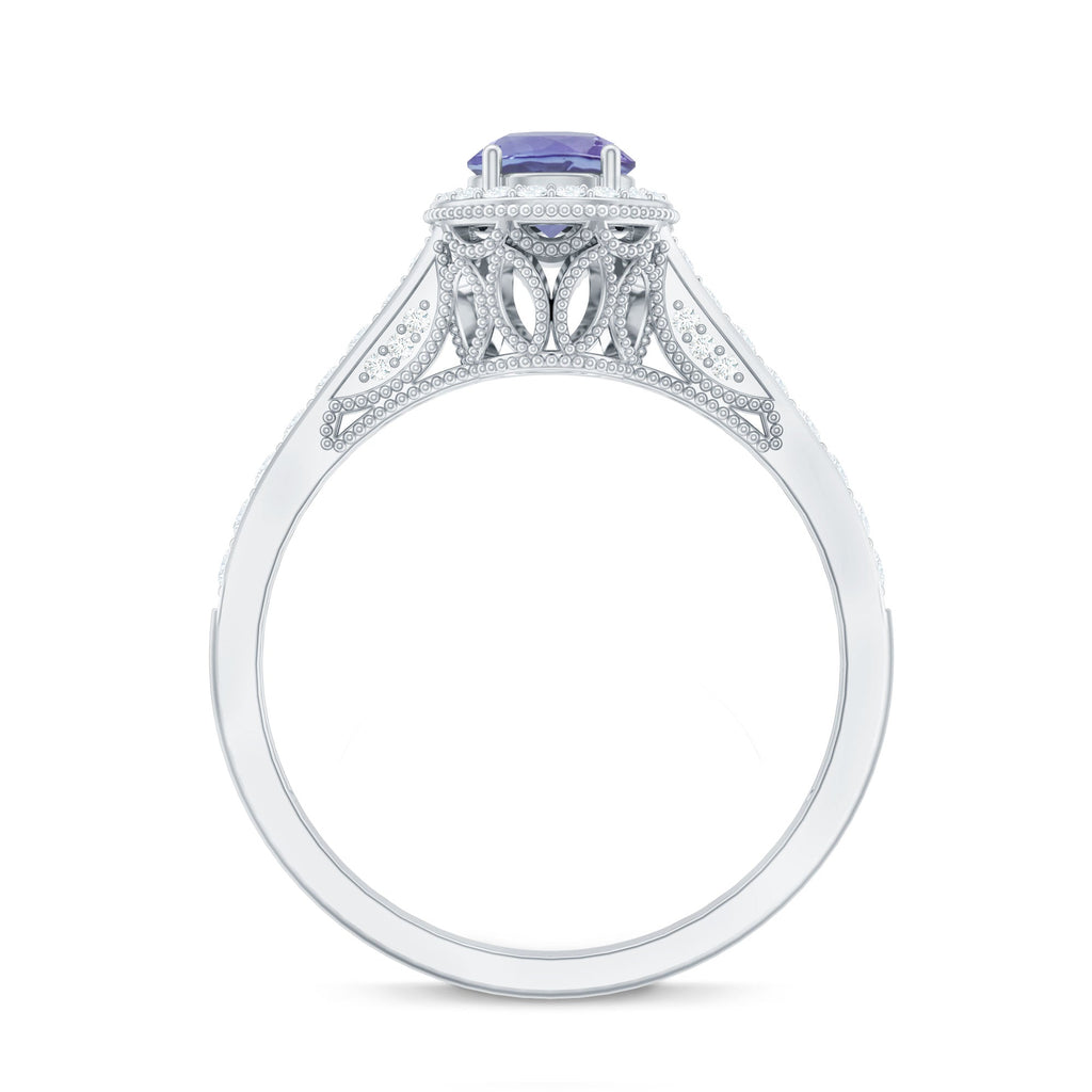 Vintage Style Tanzanite Engagement Ring with Diamond Halo