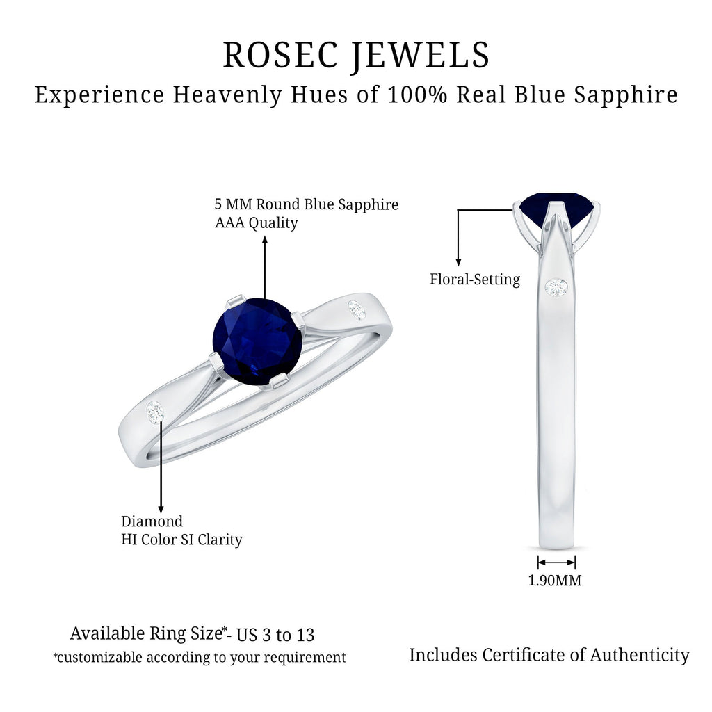 Round Cut Certified Blue Sapphire Promise Ring with Diamond
