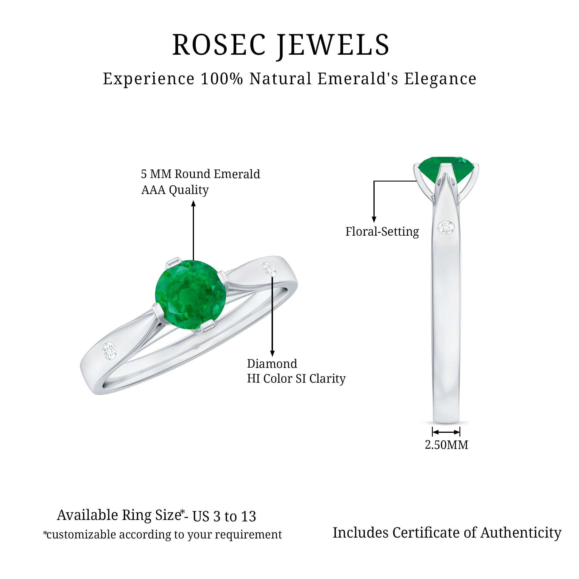 Natural Emerald Diamond Promise Ring with Pinched Shank