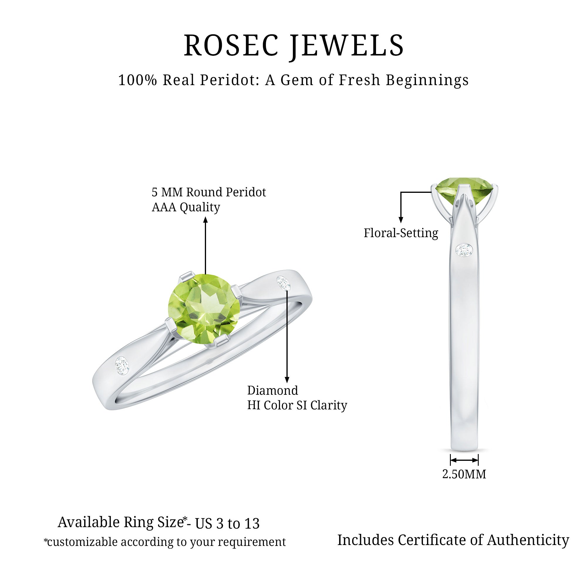 Natural 0.5 Carat Peridot Promise Ring with Diamond