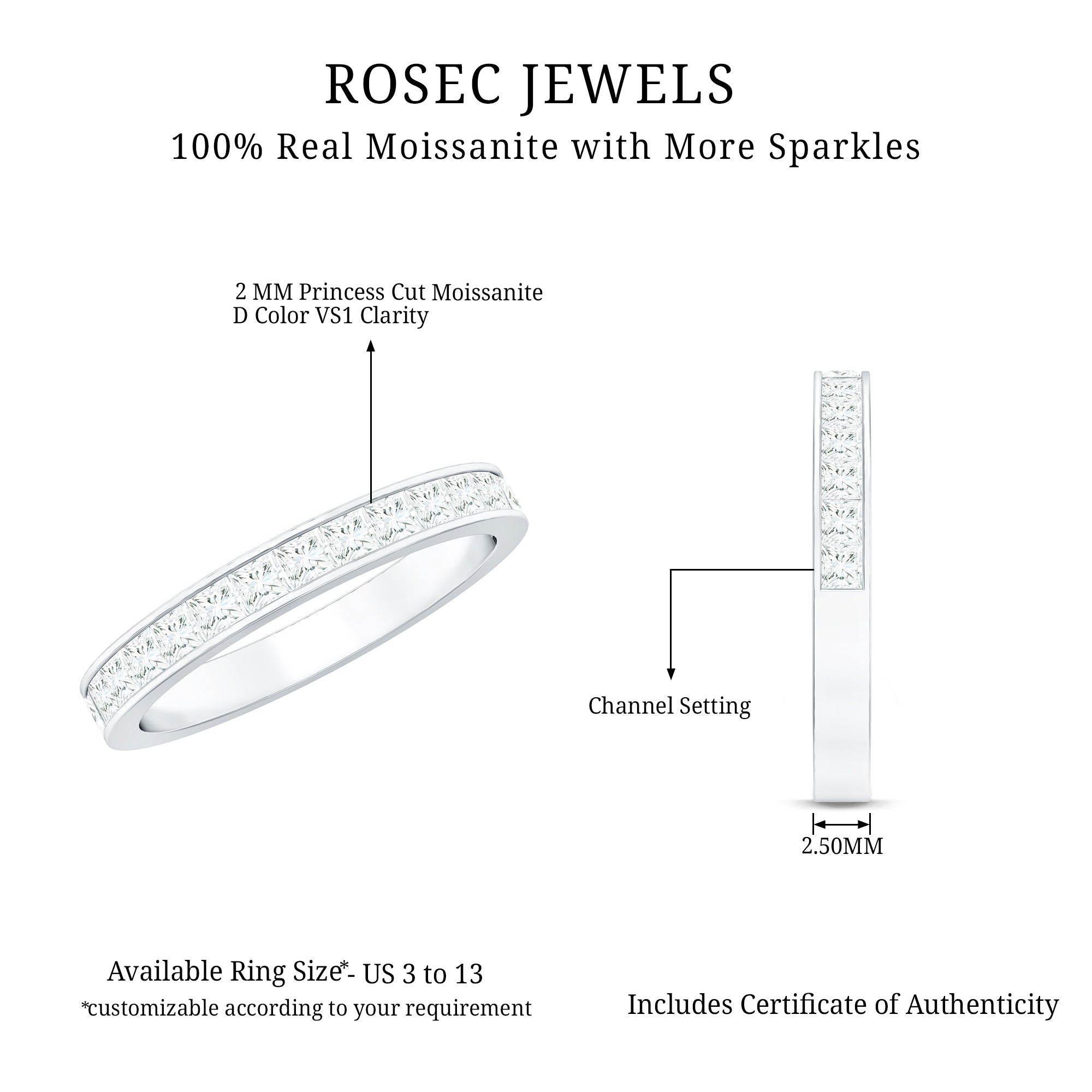 Princess Cut Moissanite Half Eternity Band Ring in Channel Setting