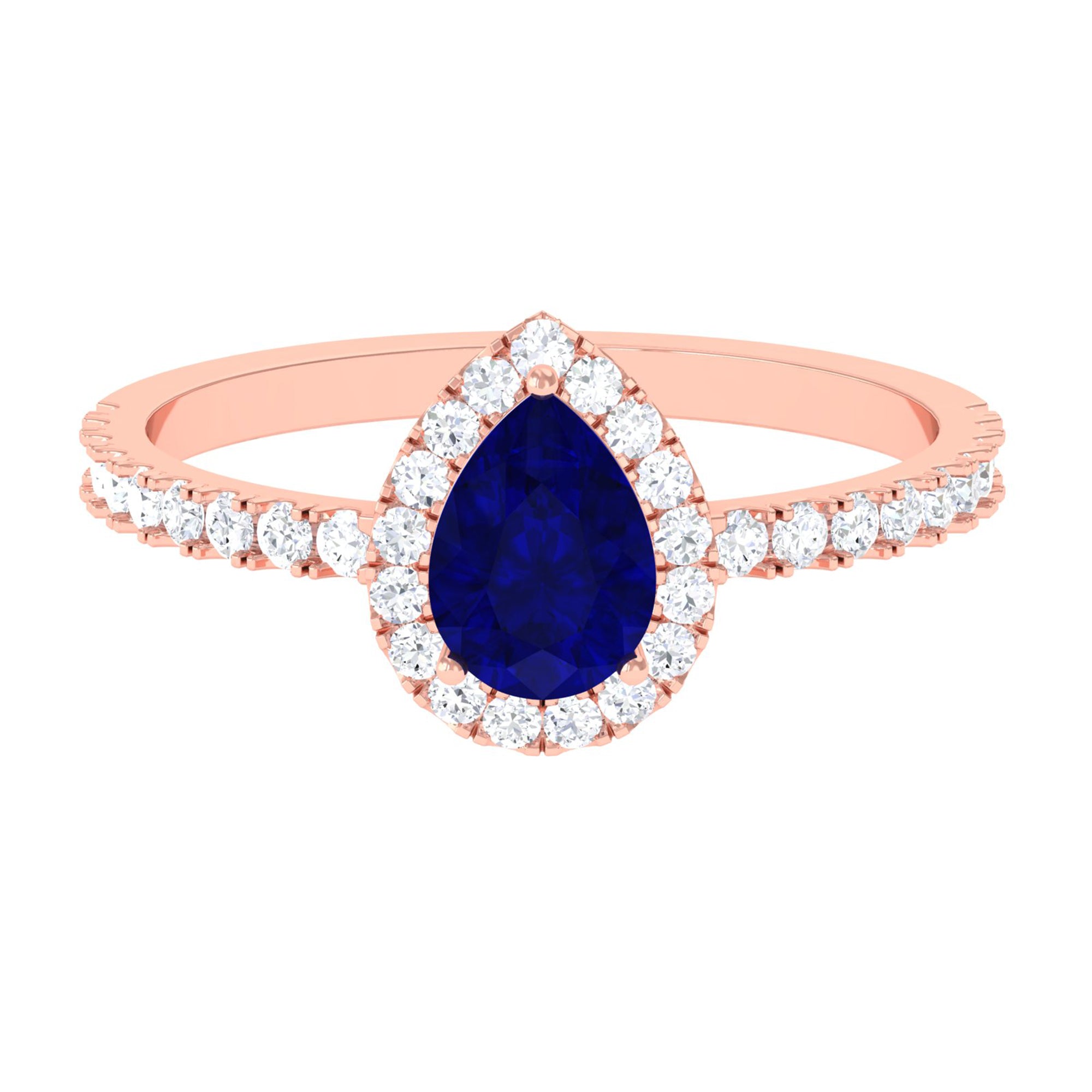 Natural Blue Sapphire and Diamond Teardrop Halo Engagement Ring