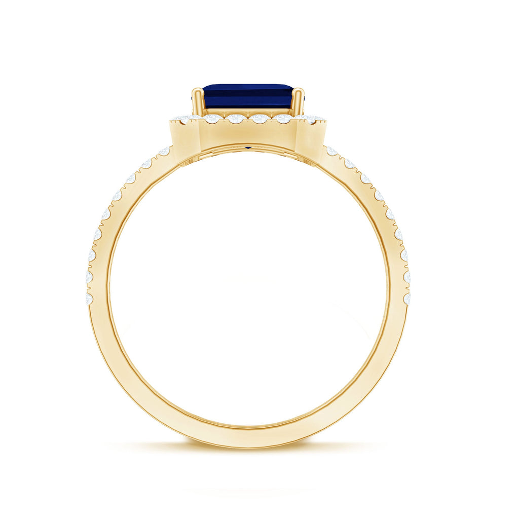 Certified 4.8 Carat Lab Grown Blue Sapphire Asscher Cut Engagement Ring with Diamond Halo