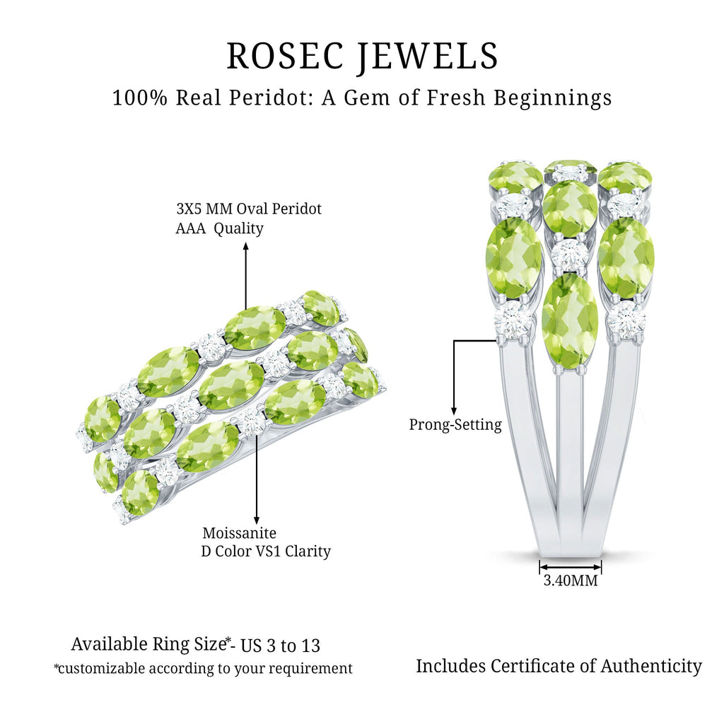 Certified Natural Peridot 3 Row Wedding Band with Diamond