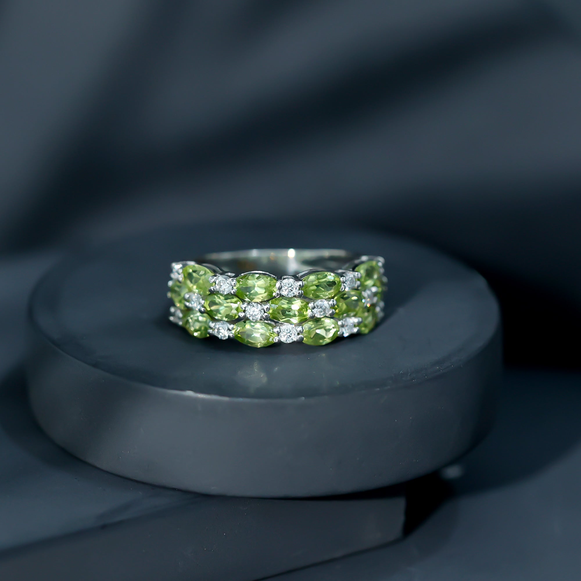 Certified Natural Peridot 3 Row Wedding Band with Diamond