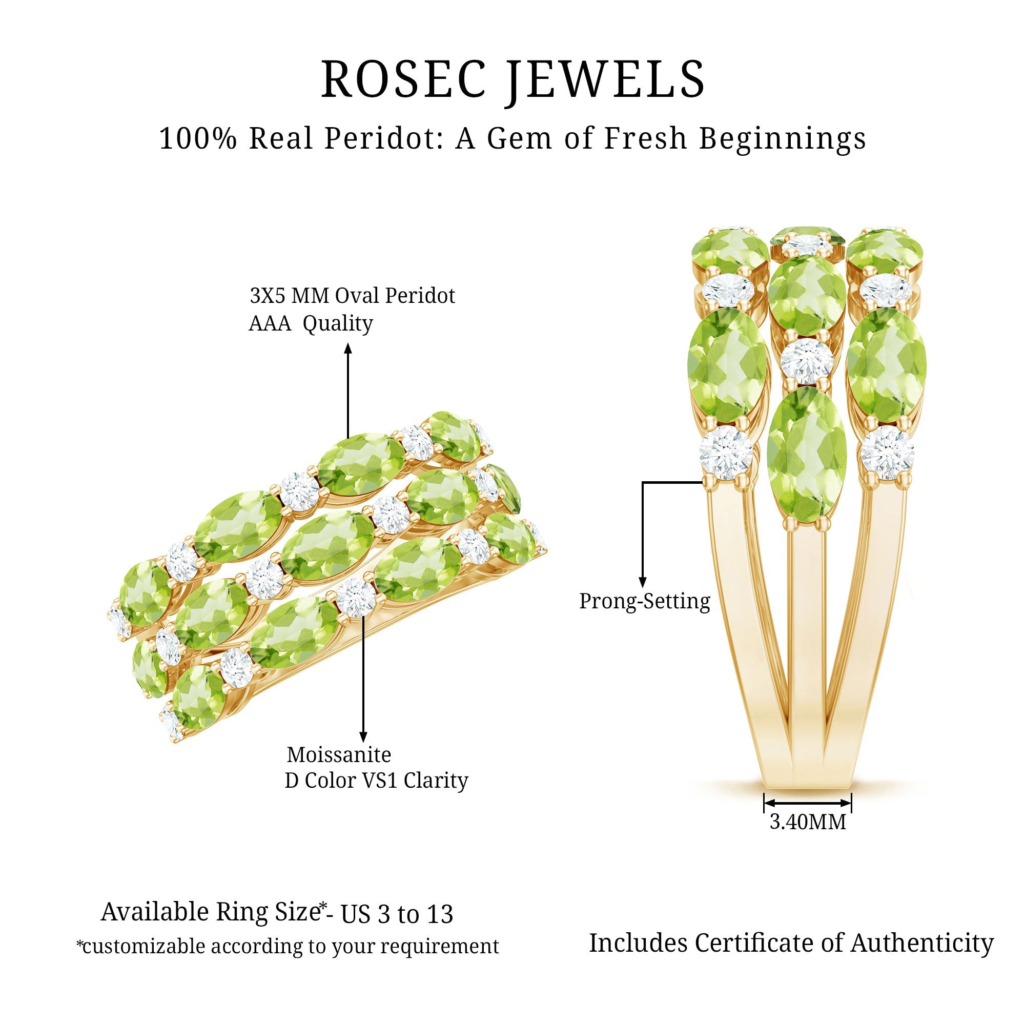 Certified Natural Peridot 3 Row Wedding Band with Diamond