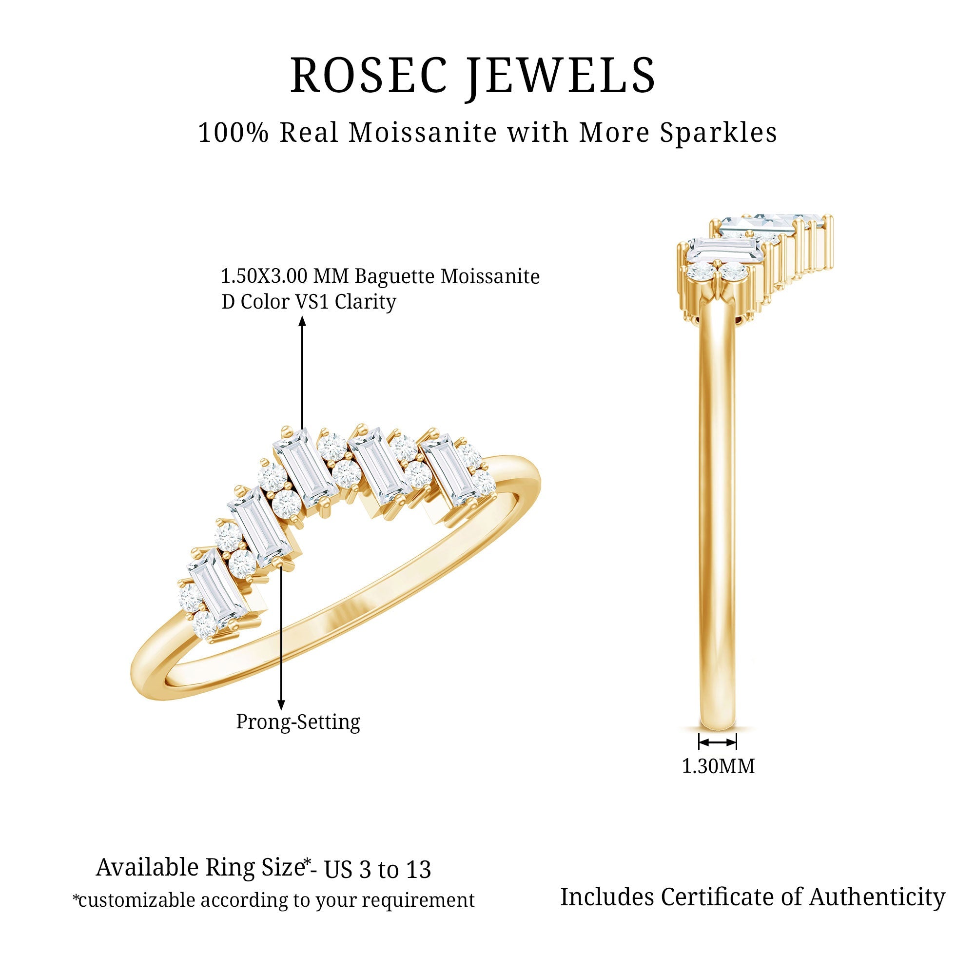 Baguette and Round Cut Moissanite Chevron Stackable Ring