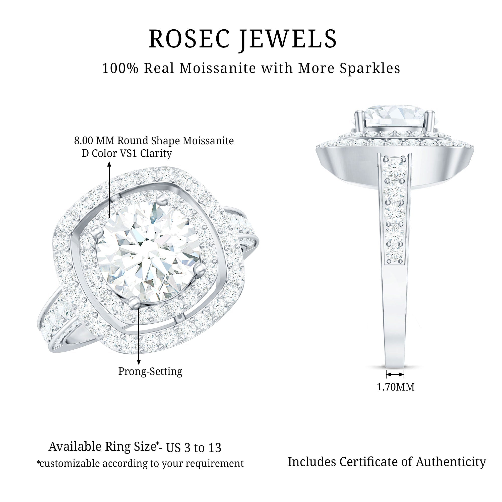 8mm Round Shape Moissanite Double Halo Statement Ring