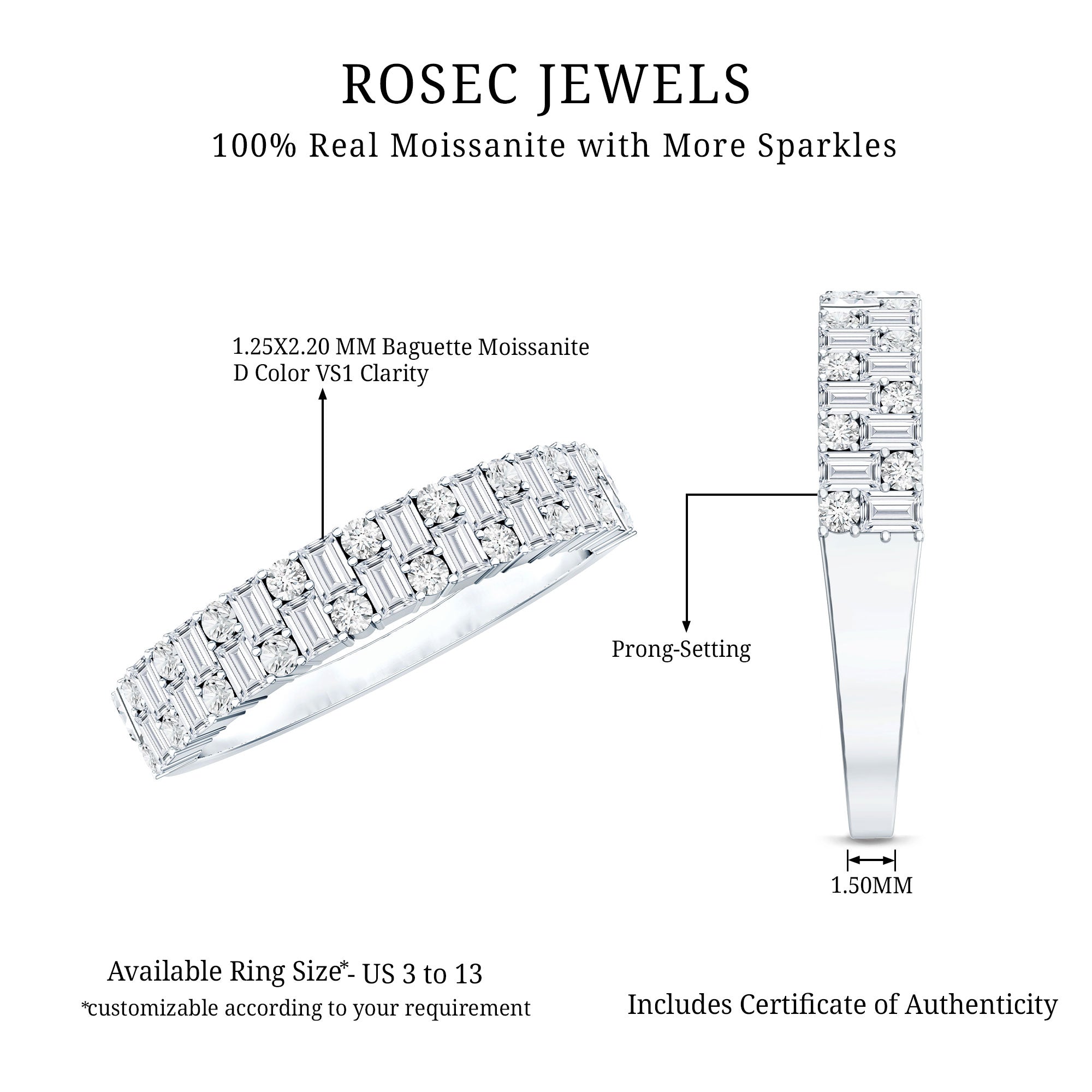 Baguette and Round Certified Moissanite Half Eternity Band Ring
