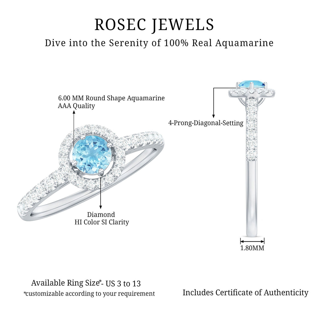 Certified Natural Aquamarine Engagement Ring with Diamond Halo