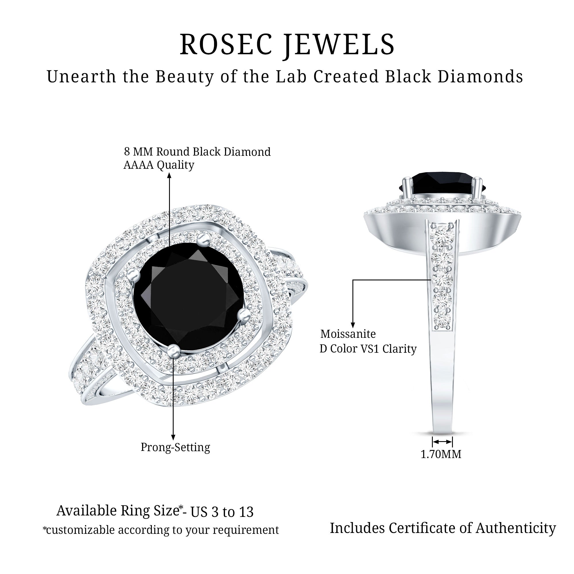 Certified 2 Carat Lab Grown Black Diamond Double Halo Engagement Ring with Moissanite
