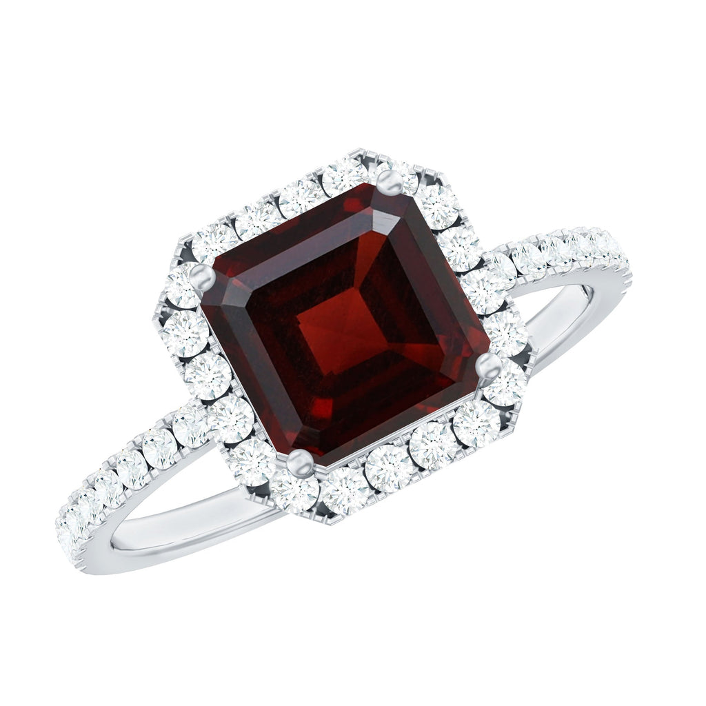 Natural 3.3 Carat Garnet Asscher Cut Engagement Ring with Diamond Halo