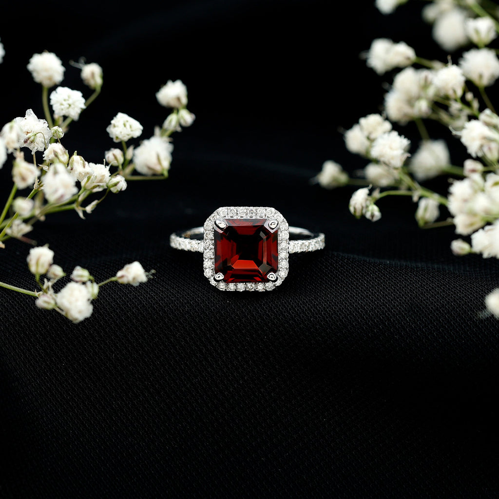 Natural 3.3 Carat Garnet Asscher Cut Engagement Ring with Diamond Halo