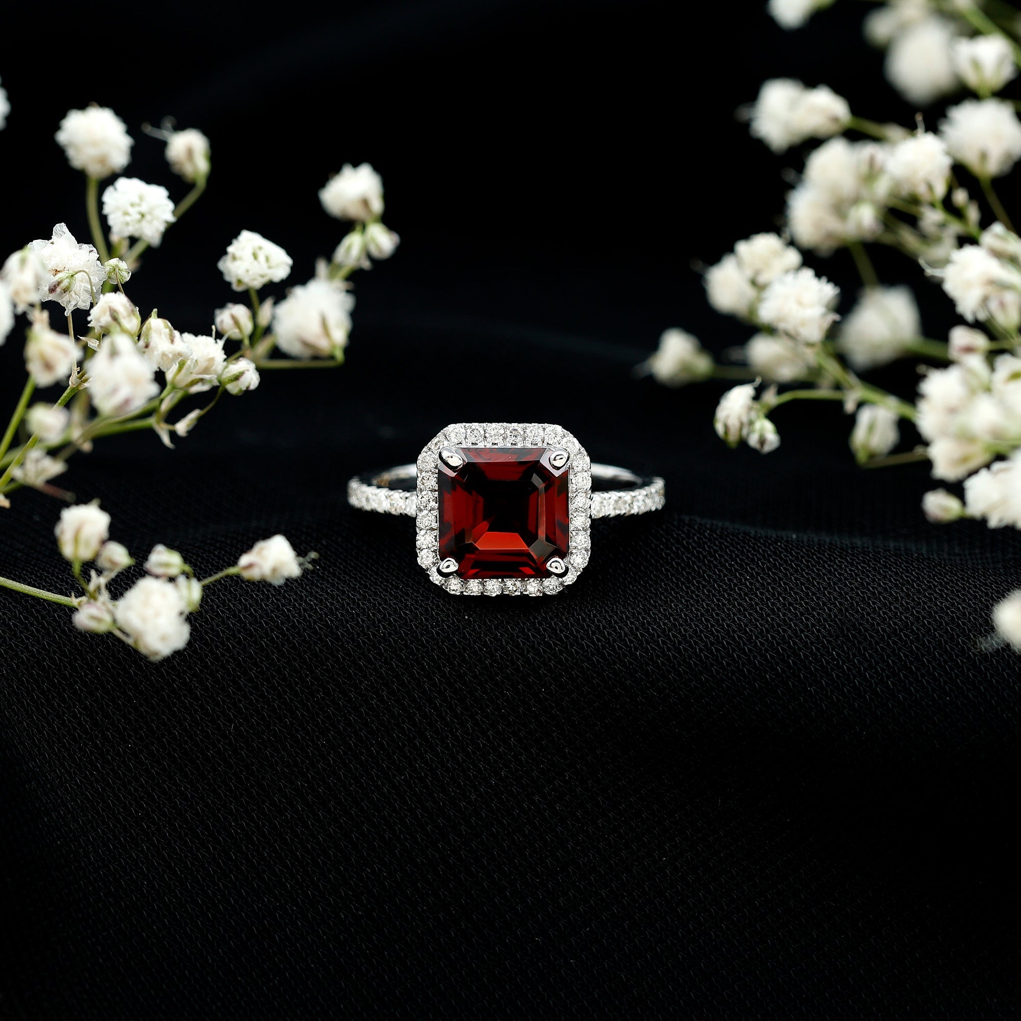 Natural 3.3 Carat Garnet Asscher Cut Engagement Ring with Diamond Halo