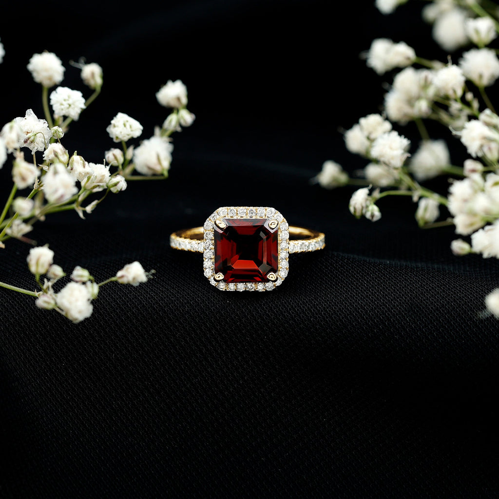 Natural 3.3 Carat Garnet Asscher Cut Engagement Ring with Diamond Halo