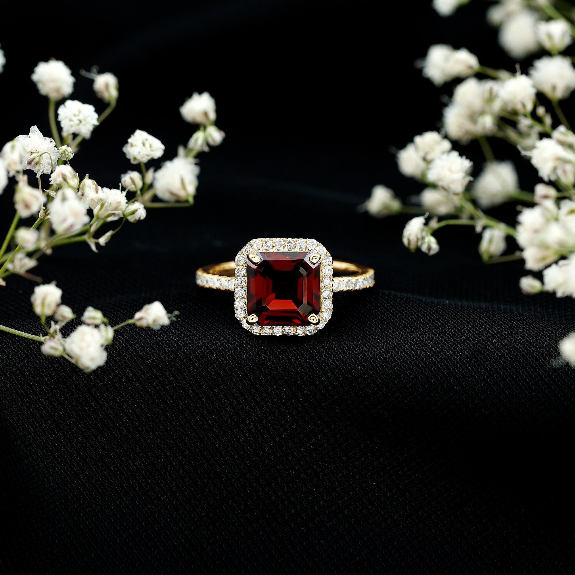 Natural 3.3 Carat Garnet Asscher Cut Engagement Ring with Diamond Halo