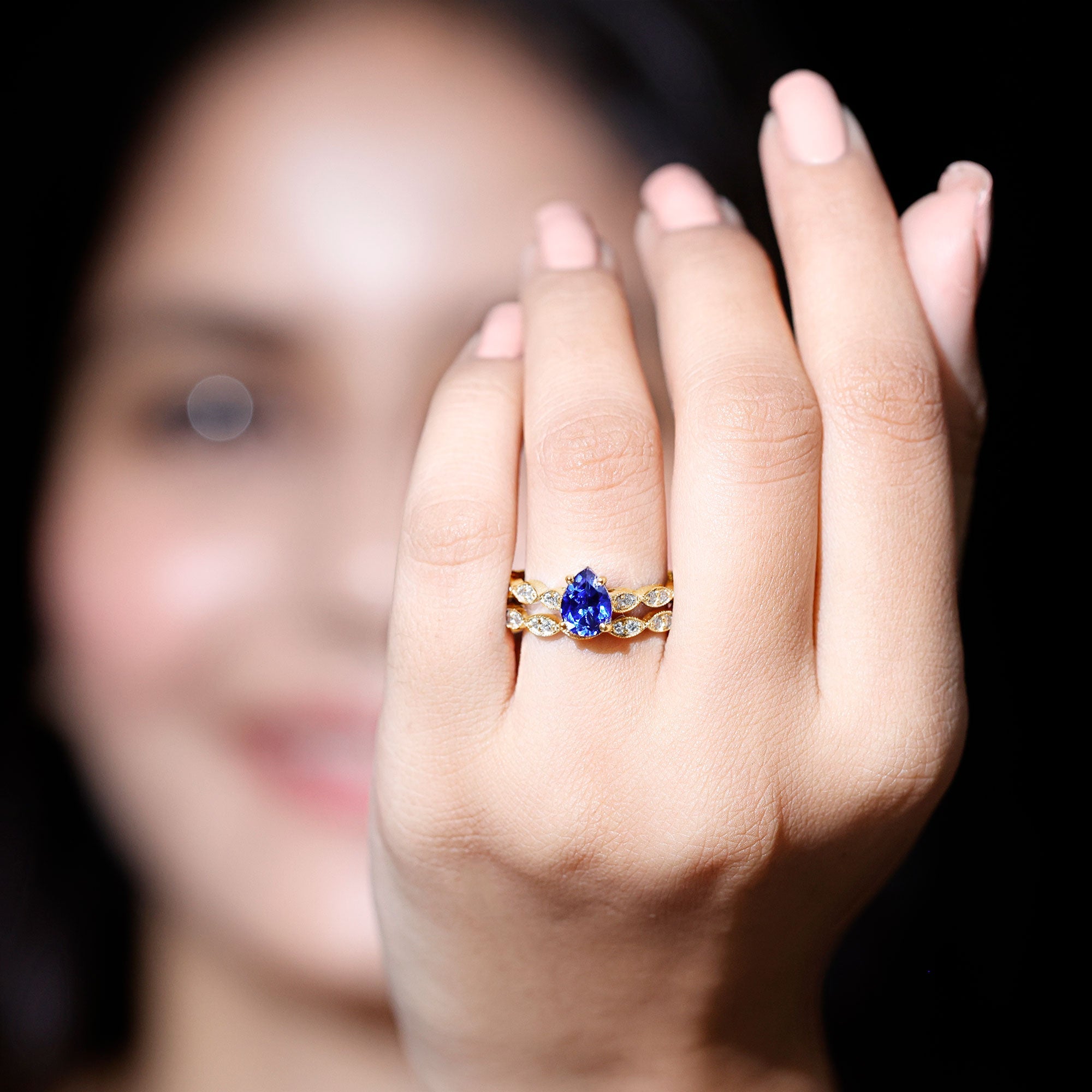 1.6 Carat Pear Lab Grown Blue Sapphire Engagement Ring with Diamond Band