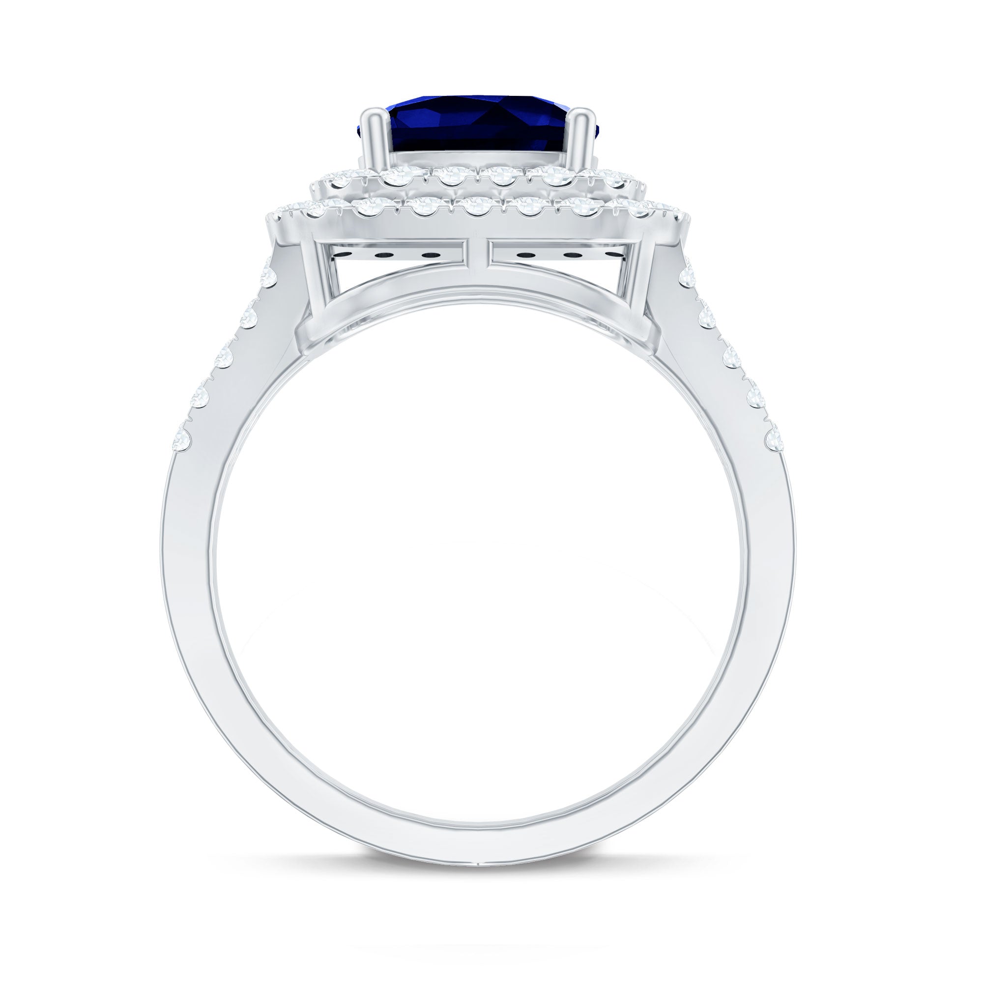 2.7 Carat Cushion Cut Lab Grown Blue Sapphire Engagement Ring with Double Halo