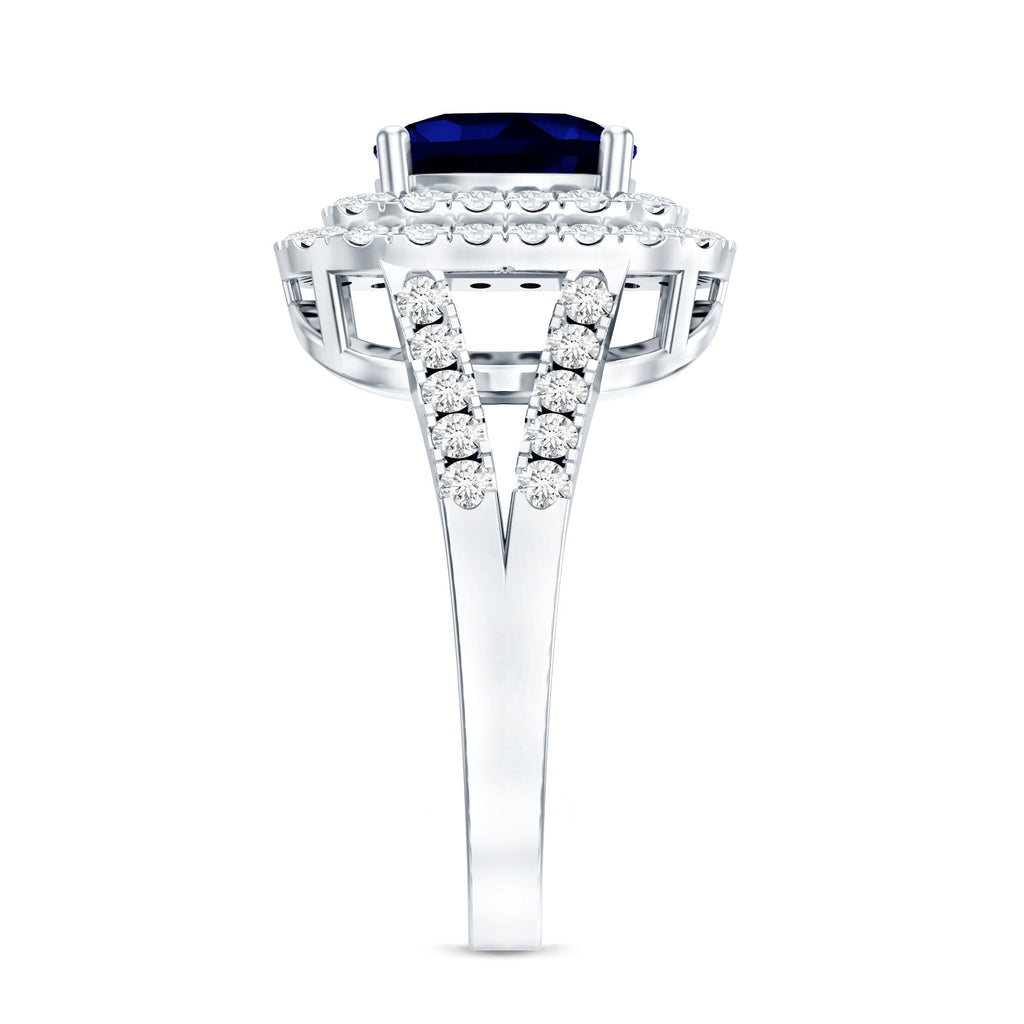 2.7 Carat Cushion Cut Lab Grown Blue Sapphire Engagement Ring with Double Halo