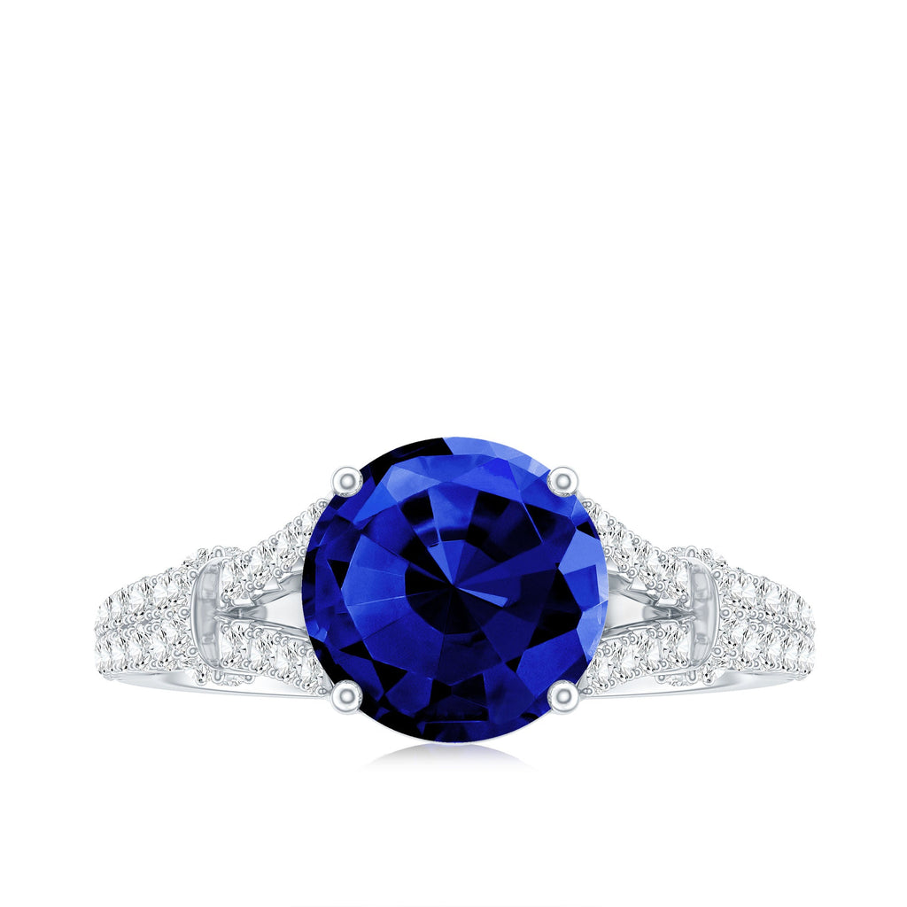 Certified 2.7 Carat Lab Grown Blue Sapphire Engagement Ring with Diamond Split Shank