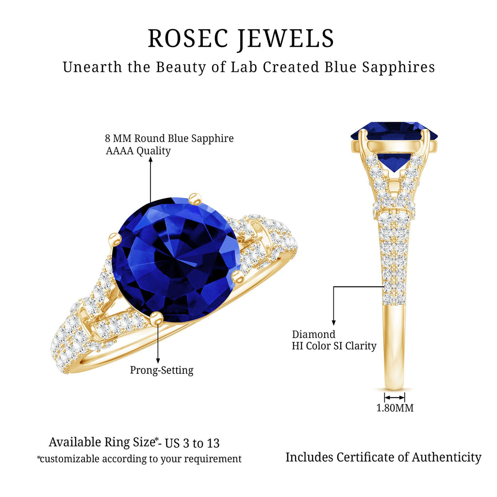 Certified 2.7 Carat Lab Grown Blue Sapphire Engagement Ring with Diamond Split Shank
