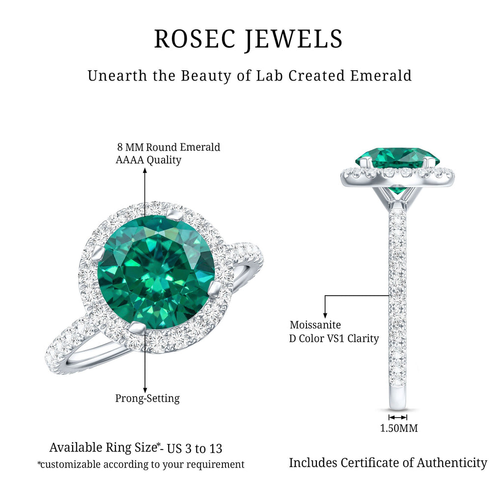Certified 8 mm Lab Grown Emerald Classic Engagement Ring with Halo