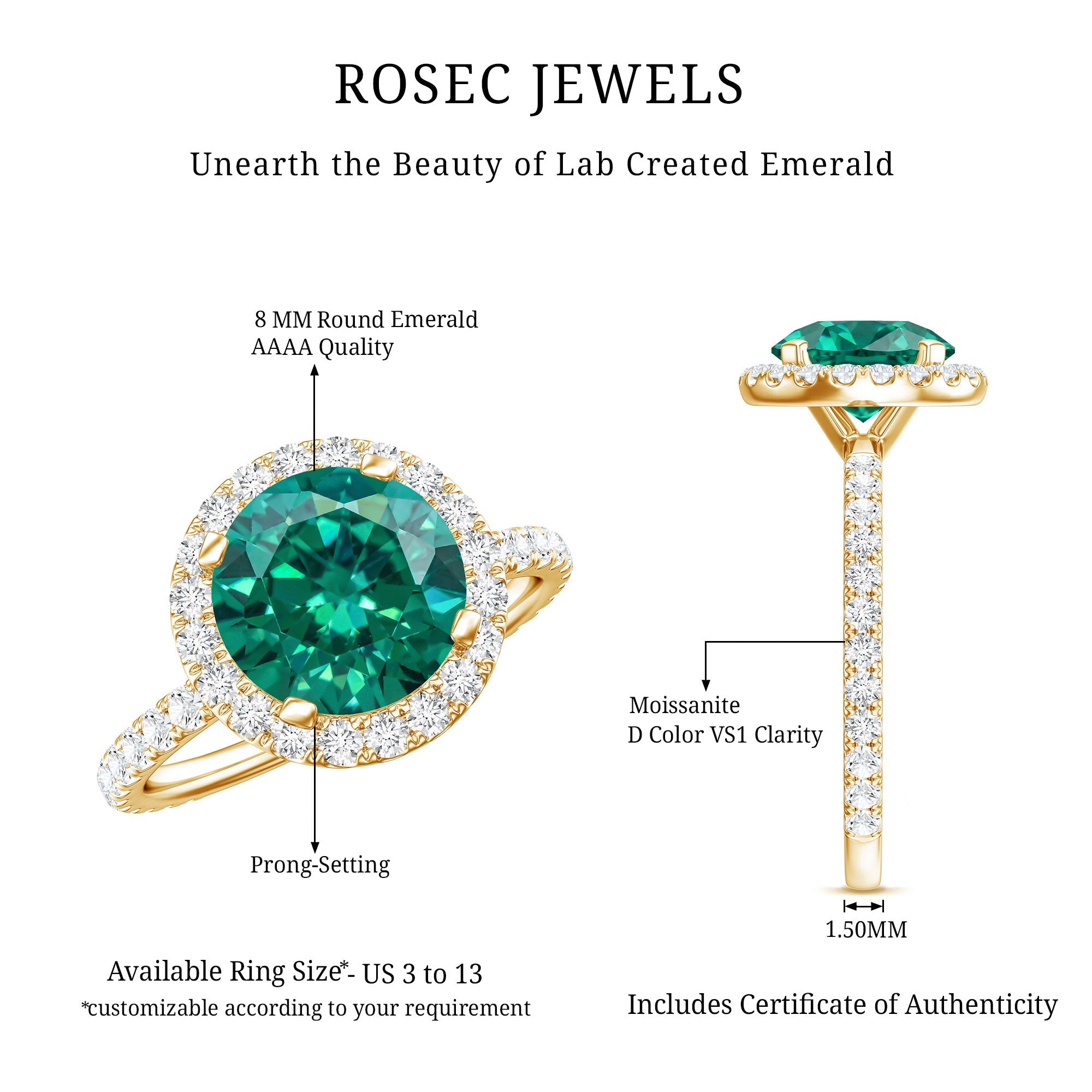 Certified 8 mm Lab Grown Emerald Classic Engagement Ring with Halo