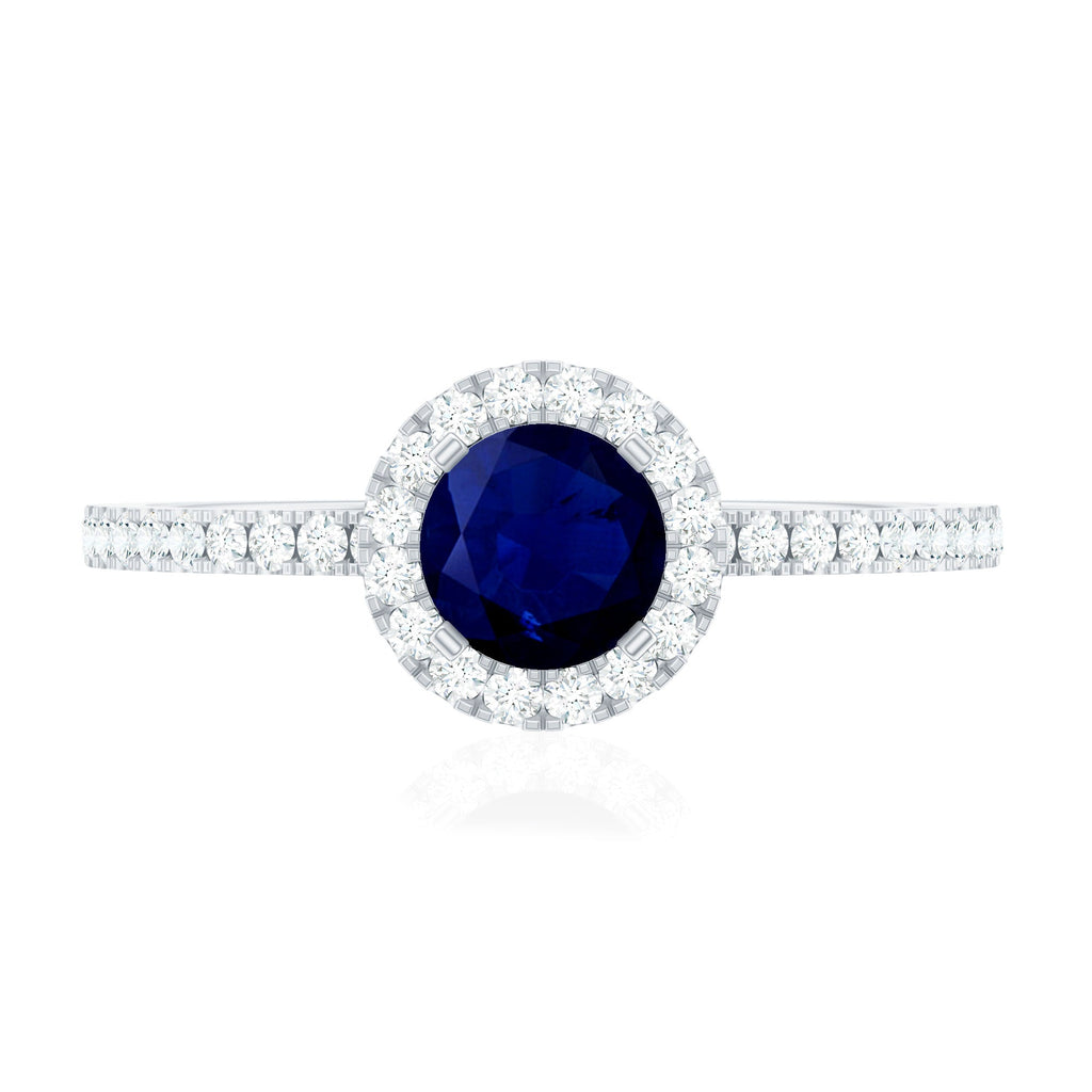 0.95 Carat Round Blue Sapphire and Diamond Halo Engagement Ring