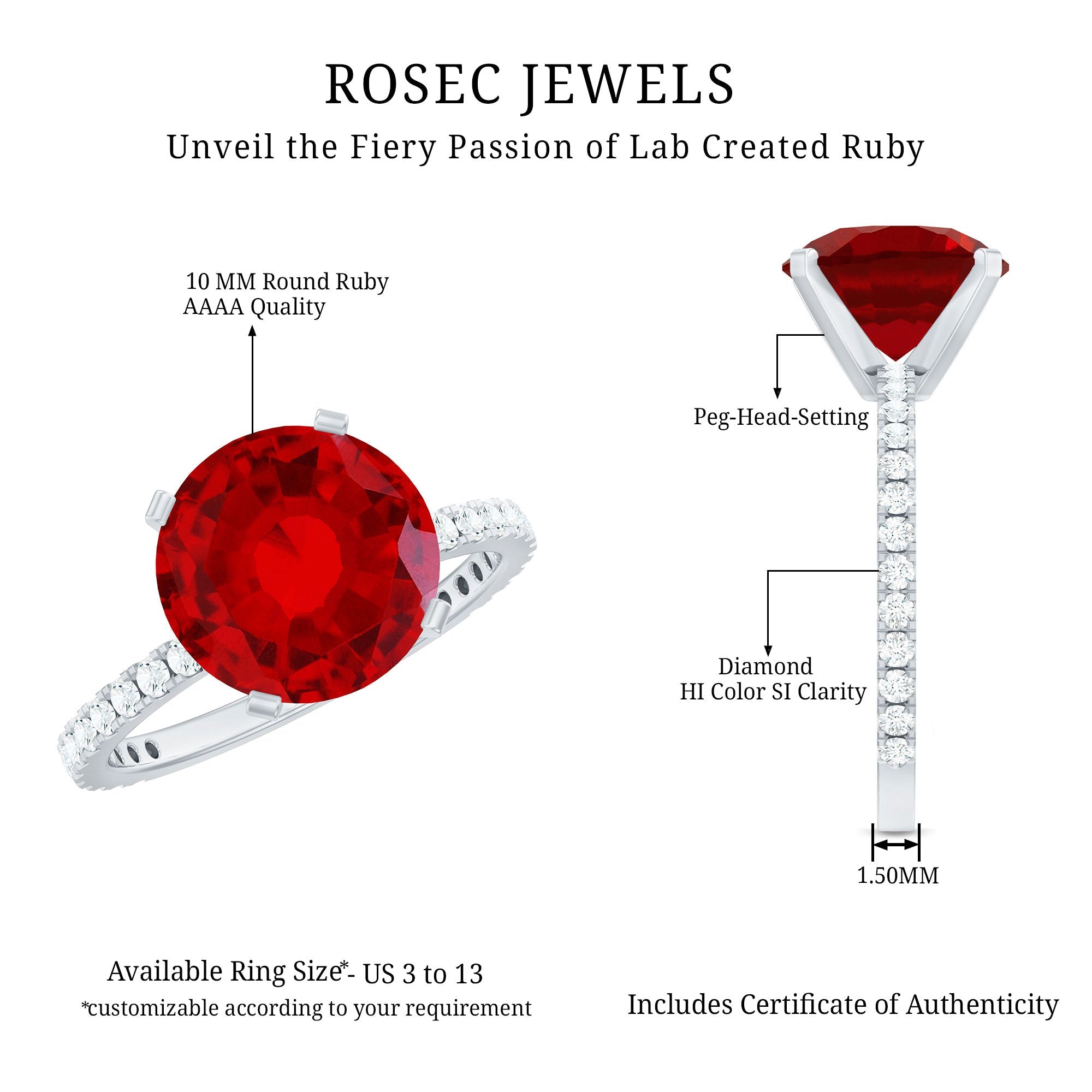 10 MM Lab Created Ruby Solitaire Engagement Ring With Real Diamonds