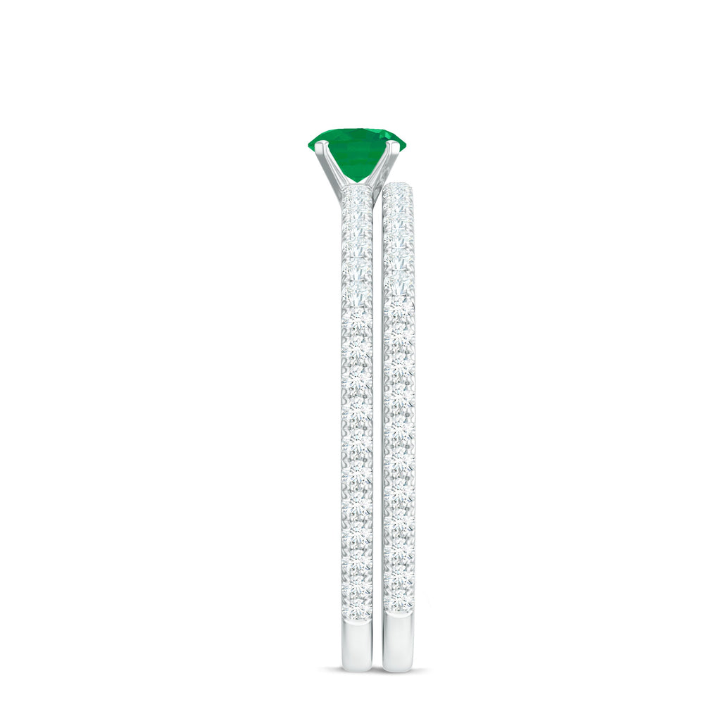 Minimal Emerald Diamond Wedding Engagement Ring Set of 2