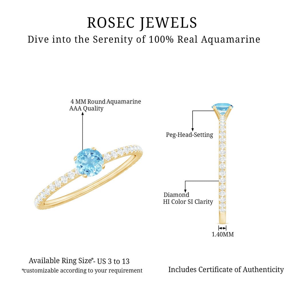 Real Aquamarine Solitaire Ring with Diamond Side Stones