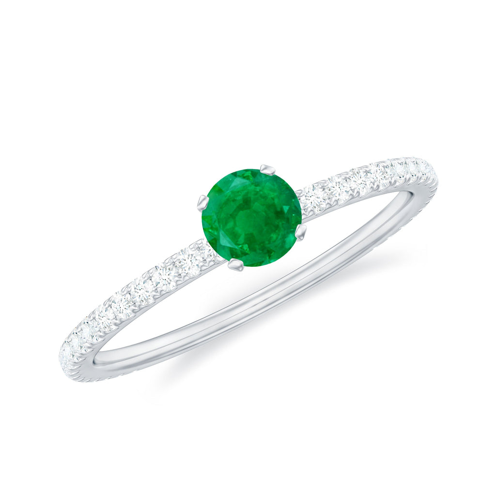0.49 Carat Emerald Dainty Solitaire Ring with French Pave Set Diamond