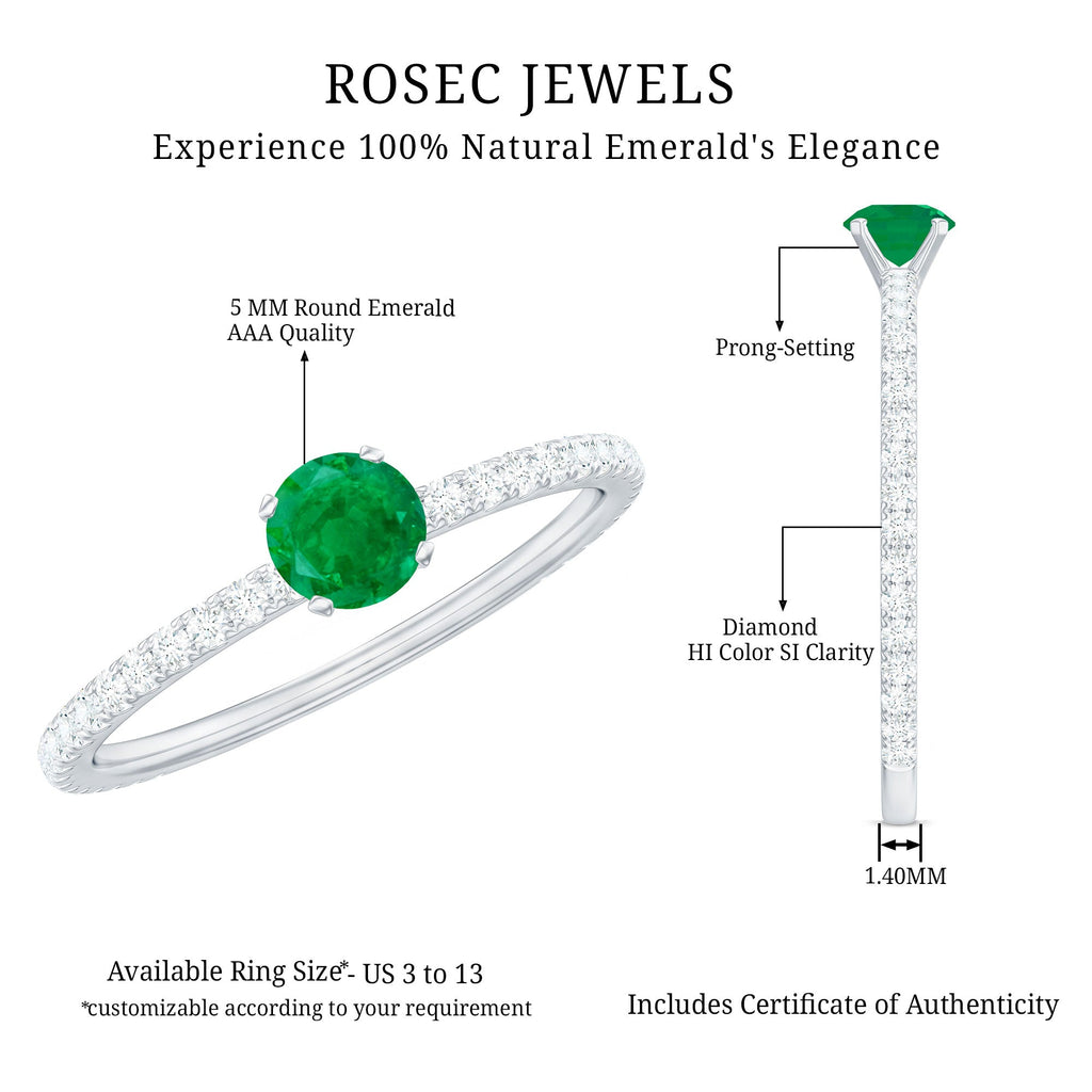 0.49 Carat Emerald Dainty Solitaire Ring with French Pave Set Diamond