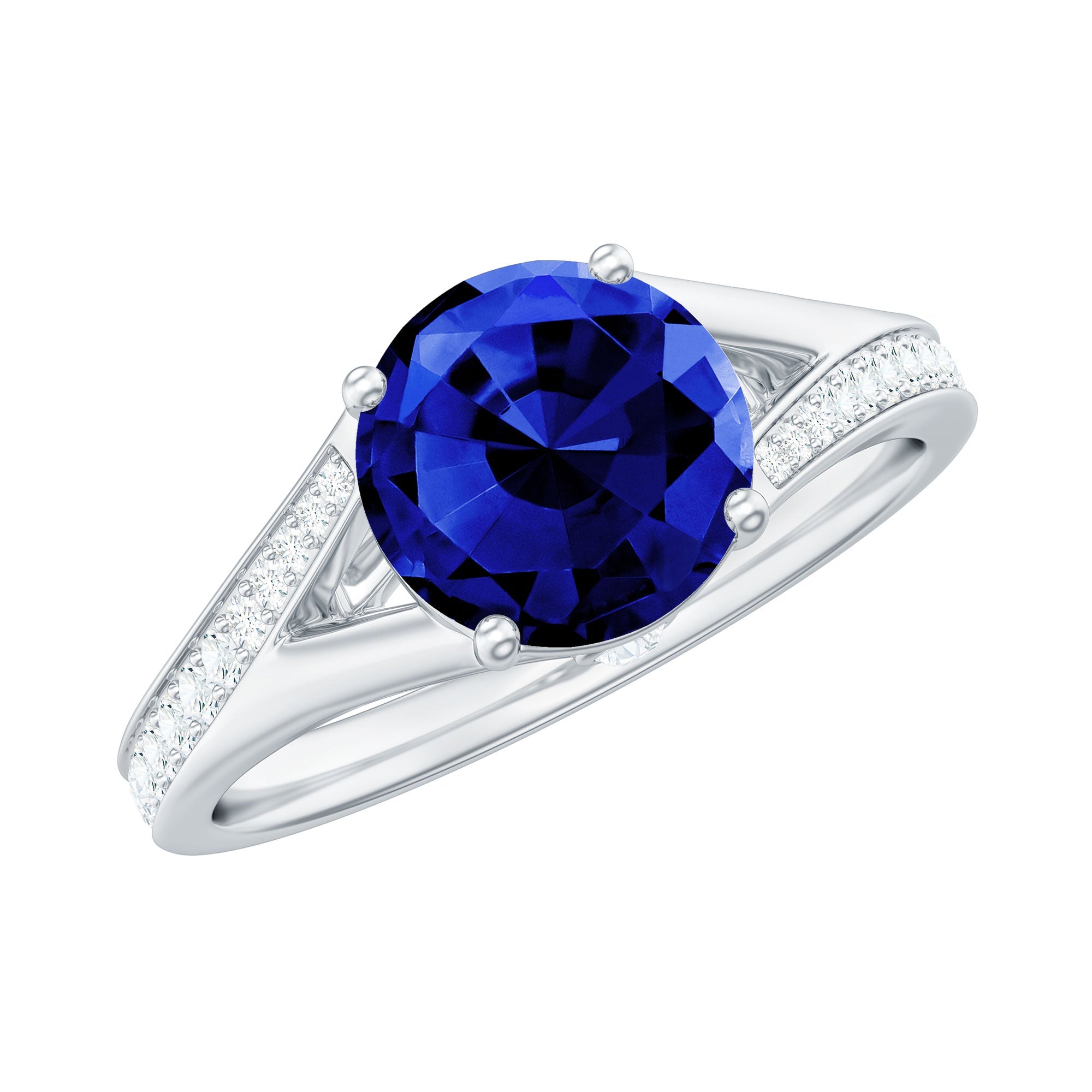 2.7 Carat Round Lab Grown Blue Sapphire Engagement Ring with Diamond Split Shank