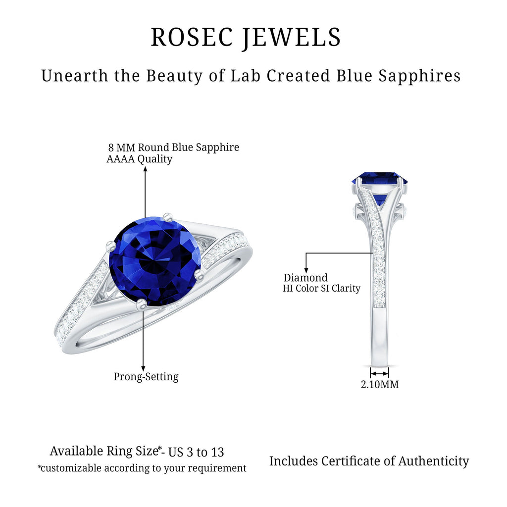 2.7 Carat Round Lab Grown Blue Sapphire Engagement Ring with Diamond Split Shank