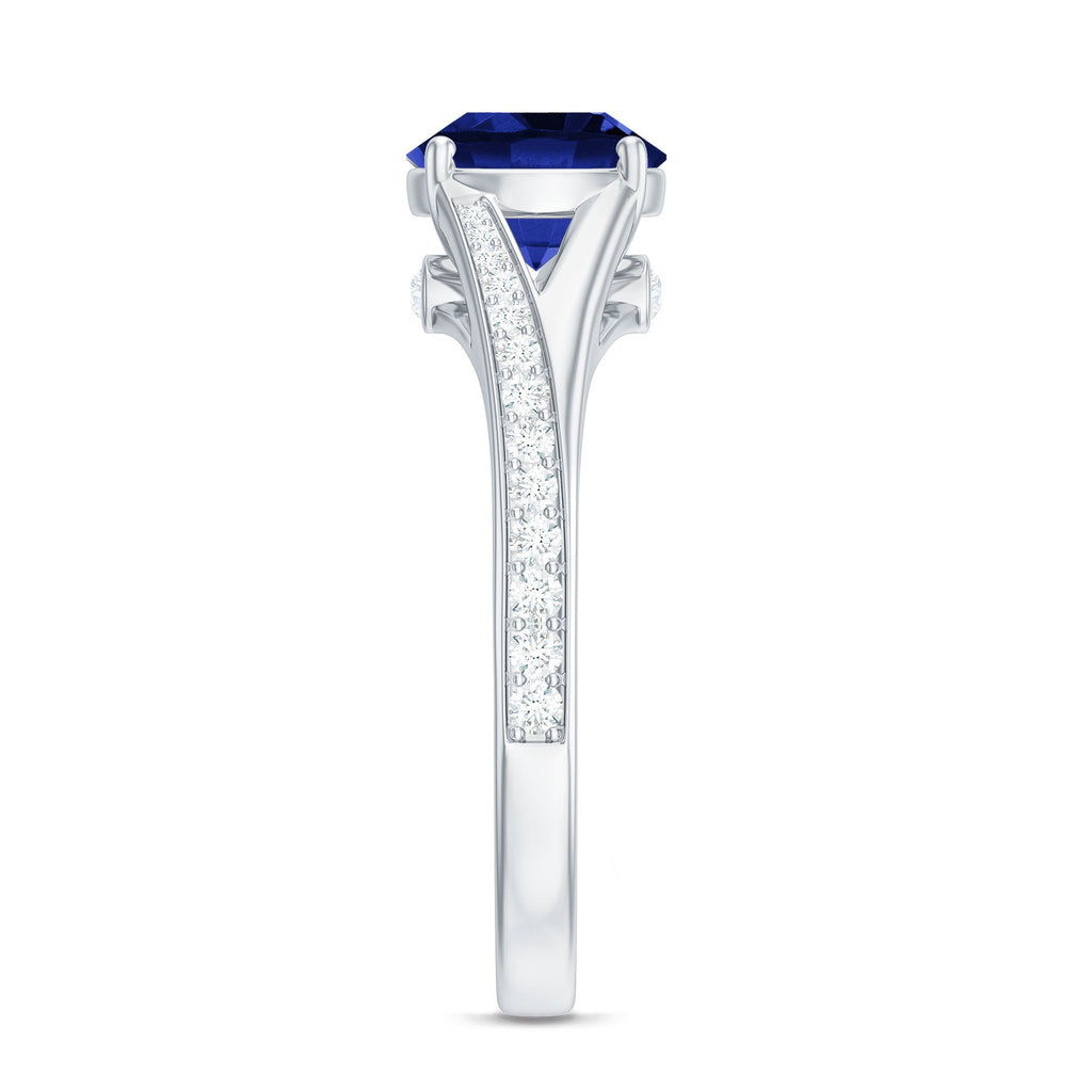 2.7 Carat Round Lab Grown Blue Sapphire Engagement Ring with Diamond Split Shank