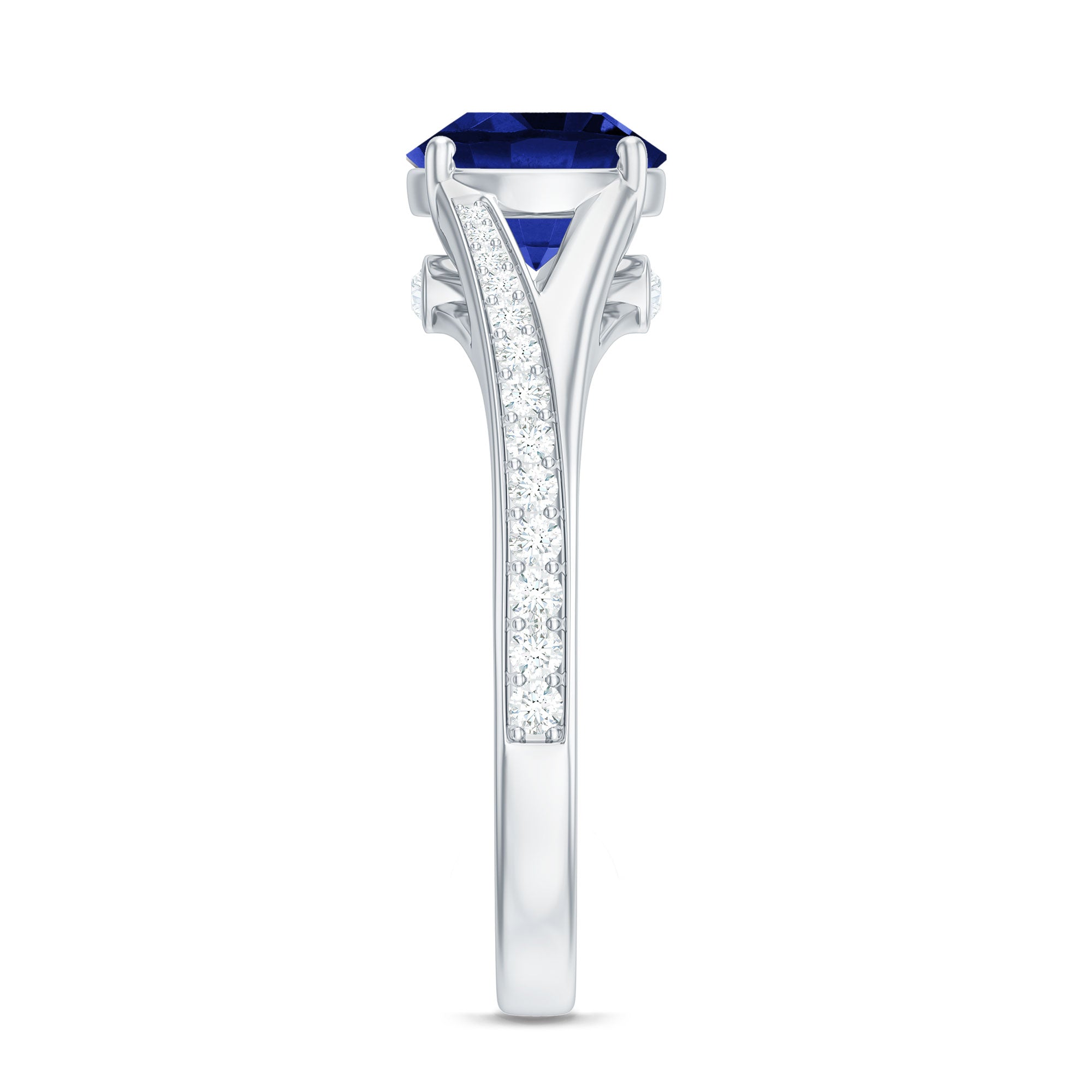2.7 Carat Round Lab Grown Blue Sapphire Engagement Ring with Diamond Split Shank