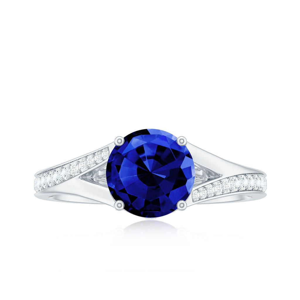 2.7 Carat Round Lab Grown Blue Sapphire Engagement Ring with Diamond Split Shank