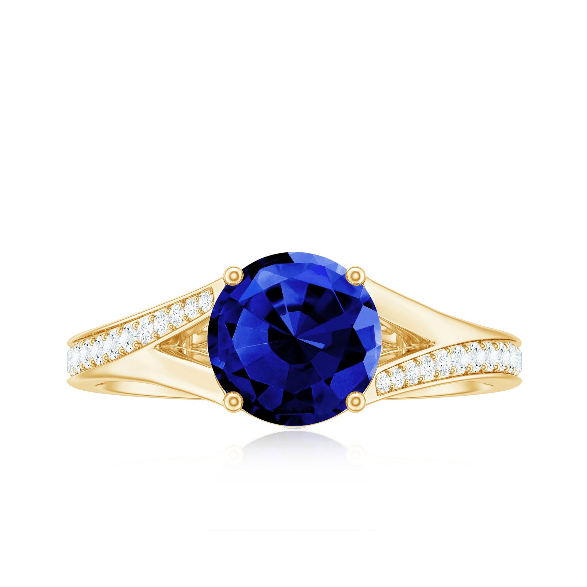 2.7 Carat Round Lab Grown Blue Sapphire Engagement Ring with Diamond Split Shank