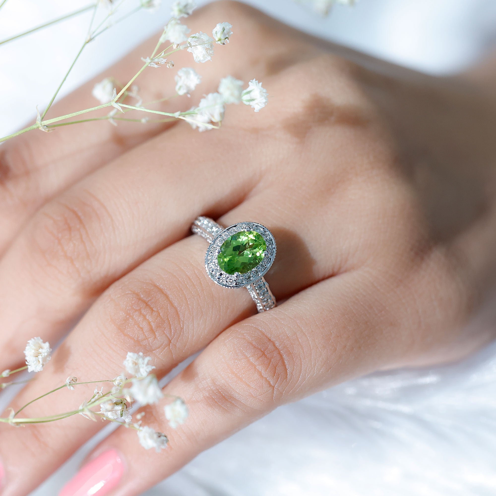 Natural Peridot and Diamond Engagement Ring with Milgrain Details